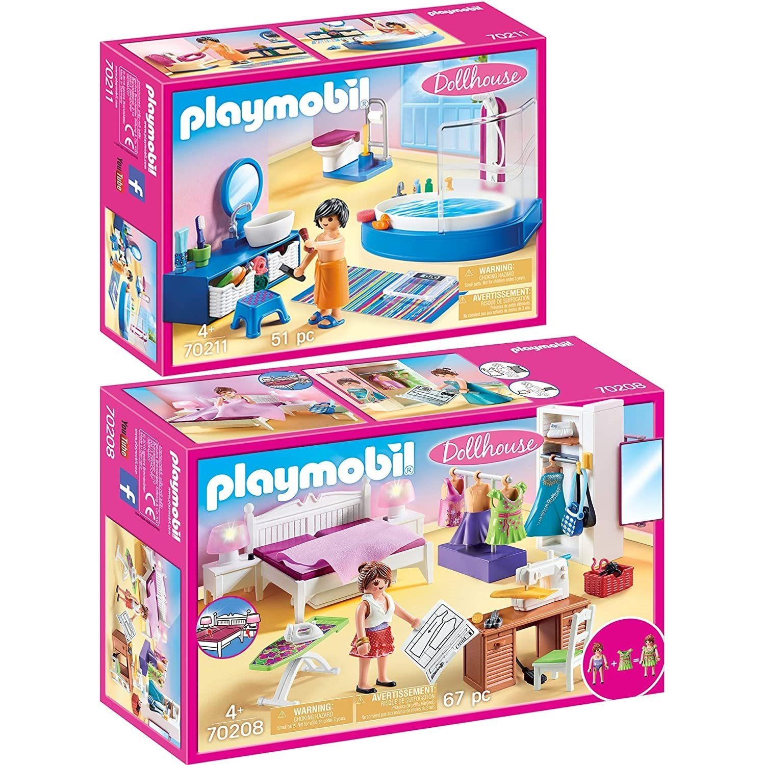 Playmobil® Spielbausteine 70208 70211 Dollhouse 2er Set Schlafzimmer +  Badezimmer