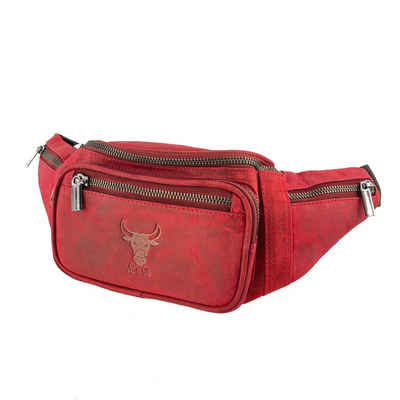 Buffalo Hill Bauchtasche Echtleder, Vintage Umhängetasche mit Reißverschlüssen >BT-09<, elegante Brusttasche aus Büffelleder in Rot
