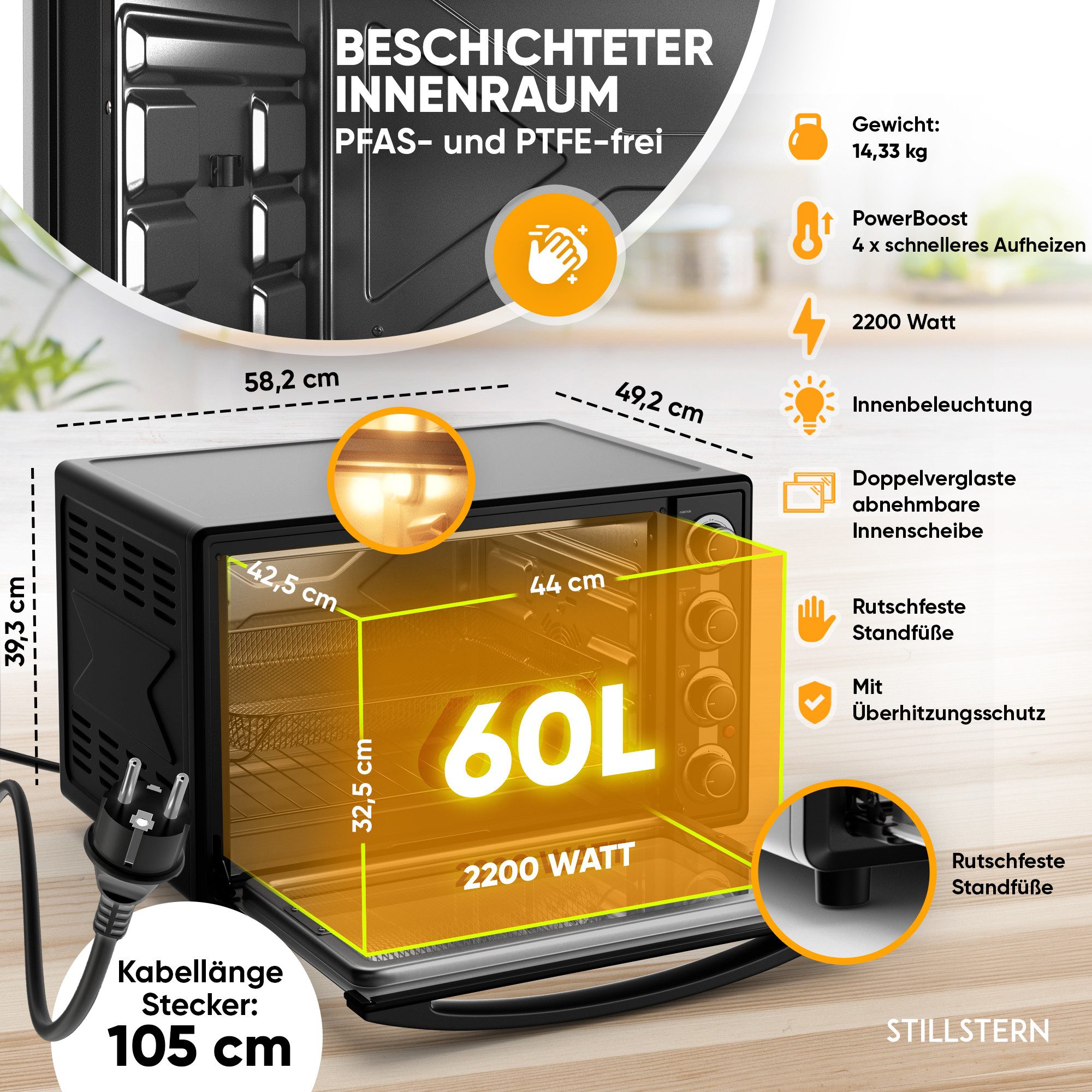 Stillstern Minibackofen MB60-MX 2G (60L) Deutsche Version, Ofenhandschuhe, Rezeptheft, Drehspieß, Timer, Innenbeleuchtung