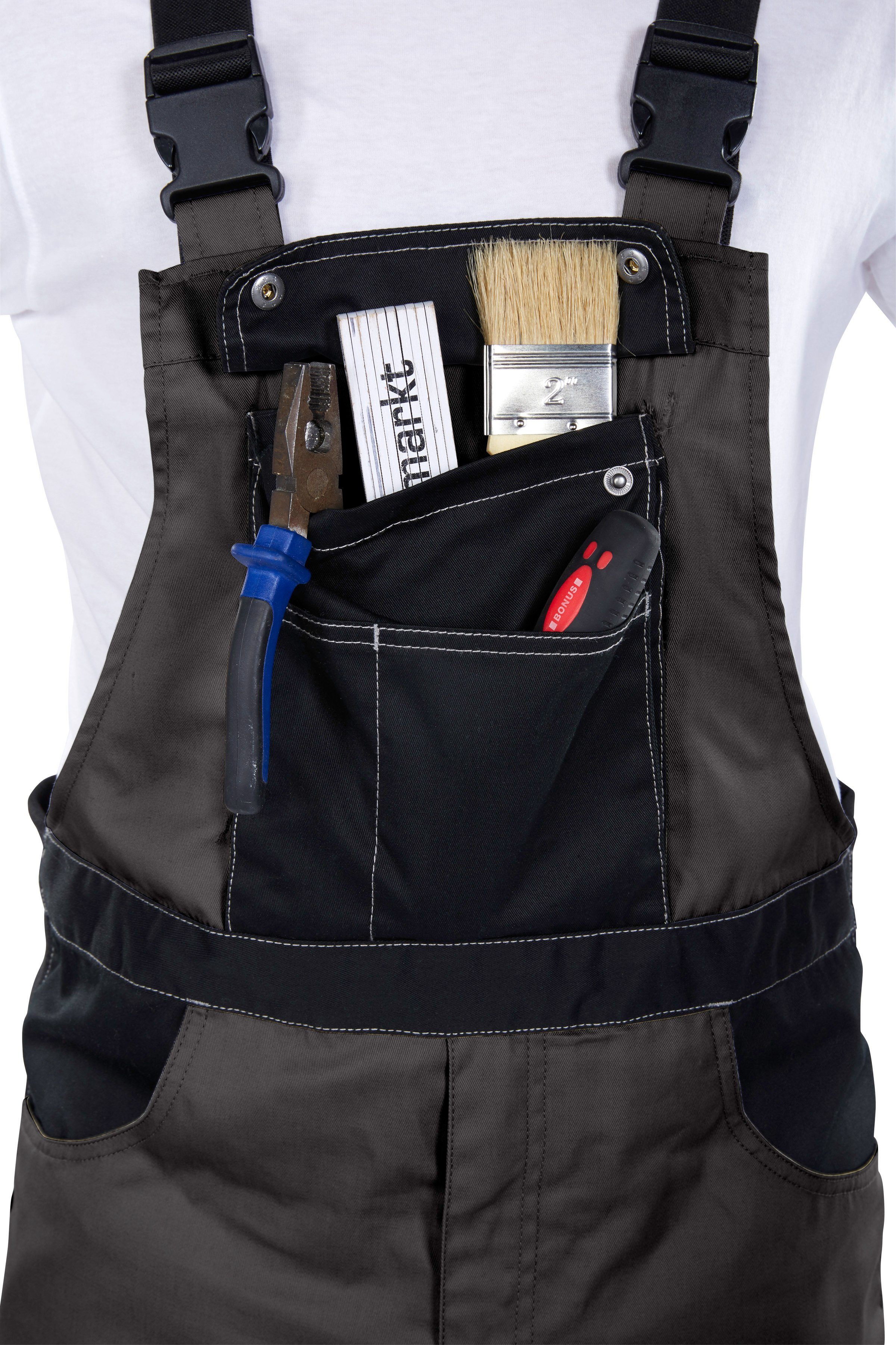 verstärktem Northern grau-schwarz Worker robust, mit Country Kniebereich, dehnbarer 11 Latzhose mit Taschen Bund,