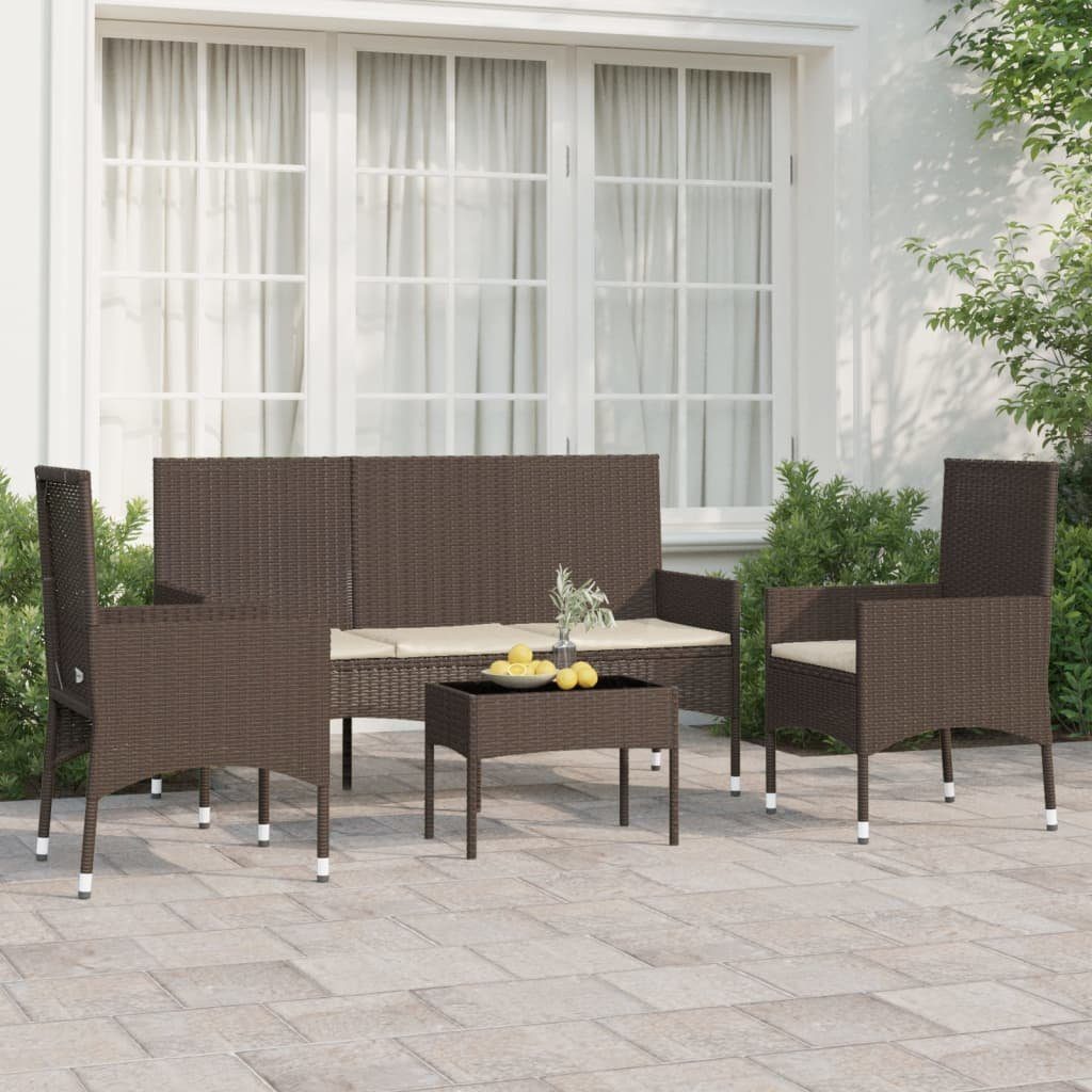 vidaXL Gartenlounge-Set 4-tlg. Garten-Lounge-Set mit Kissen Braun Poly Rattan, (4-tlg)