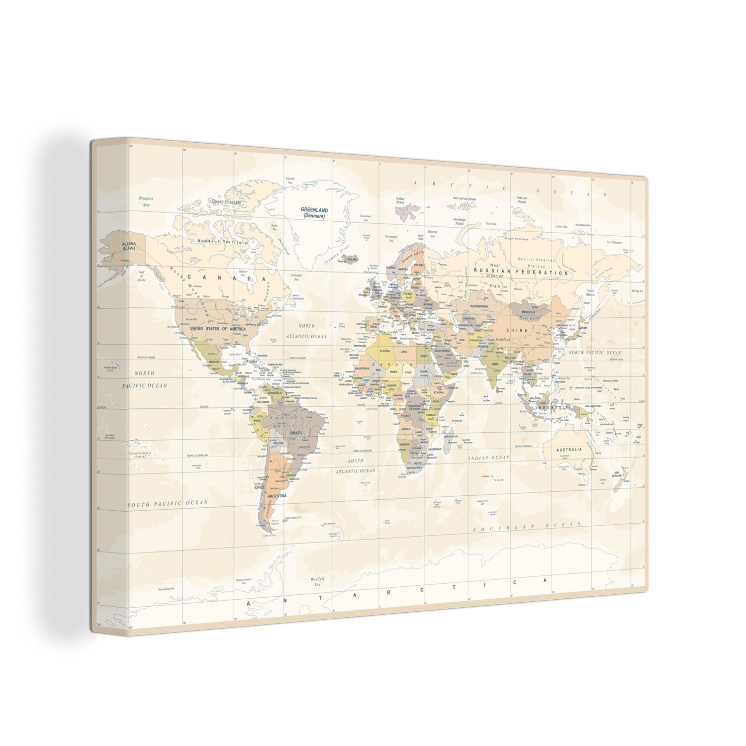 Karte cm Welt (1 OneMillionCanvasses® St), 30x20 Wandbild - Retro, Wanddeko, - Leinwandbild Leinwandbilder, Aufhängefertig,