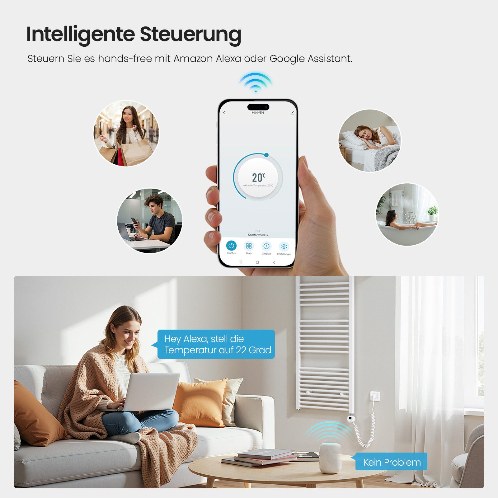 MEYKOERS Elektrischer Badheizkörper Handtuchheizkörper mit Smart WLAN Heizstab, App/Sprachsteuerung, Weiß/Anthrazit, Gerade Handtuchtrockner
