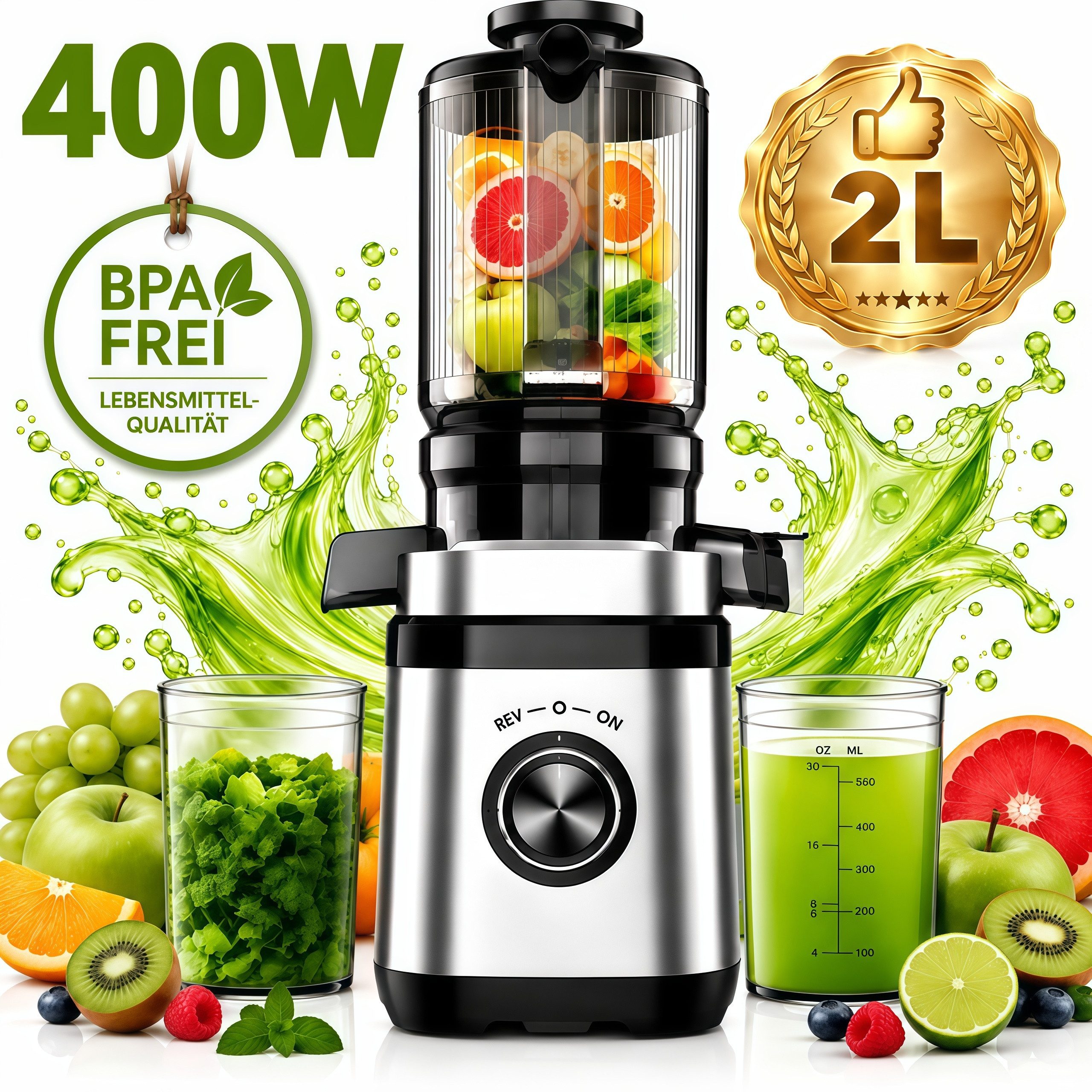 ibettertec Slow Juicer Entsafter für Ganze Gemüse und Obst, 140 mm Breite und Größere, 400 W, Fütterungsröhre 2 L Füllvolumen, Leicht zu …