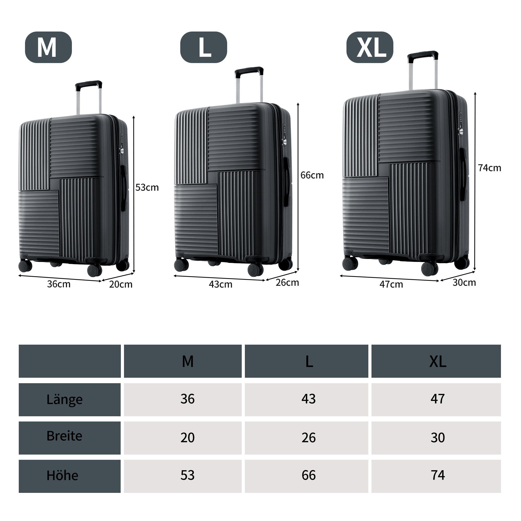 Flieks Trolleyset, 4 Rollen, Trolley Handgepäck PP-Gepäck tlg), Reisekoffer (3 Schwarz Koffer Erweiterung Set