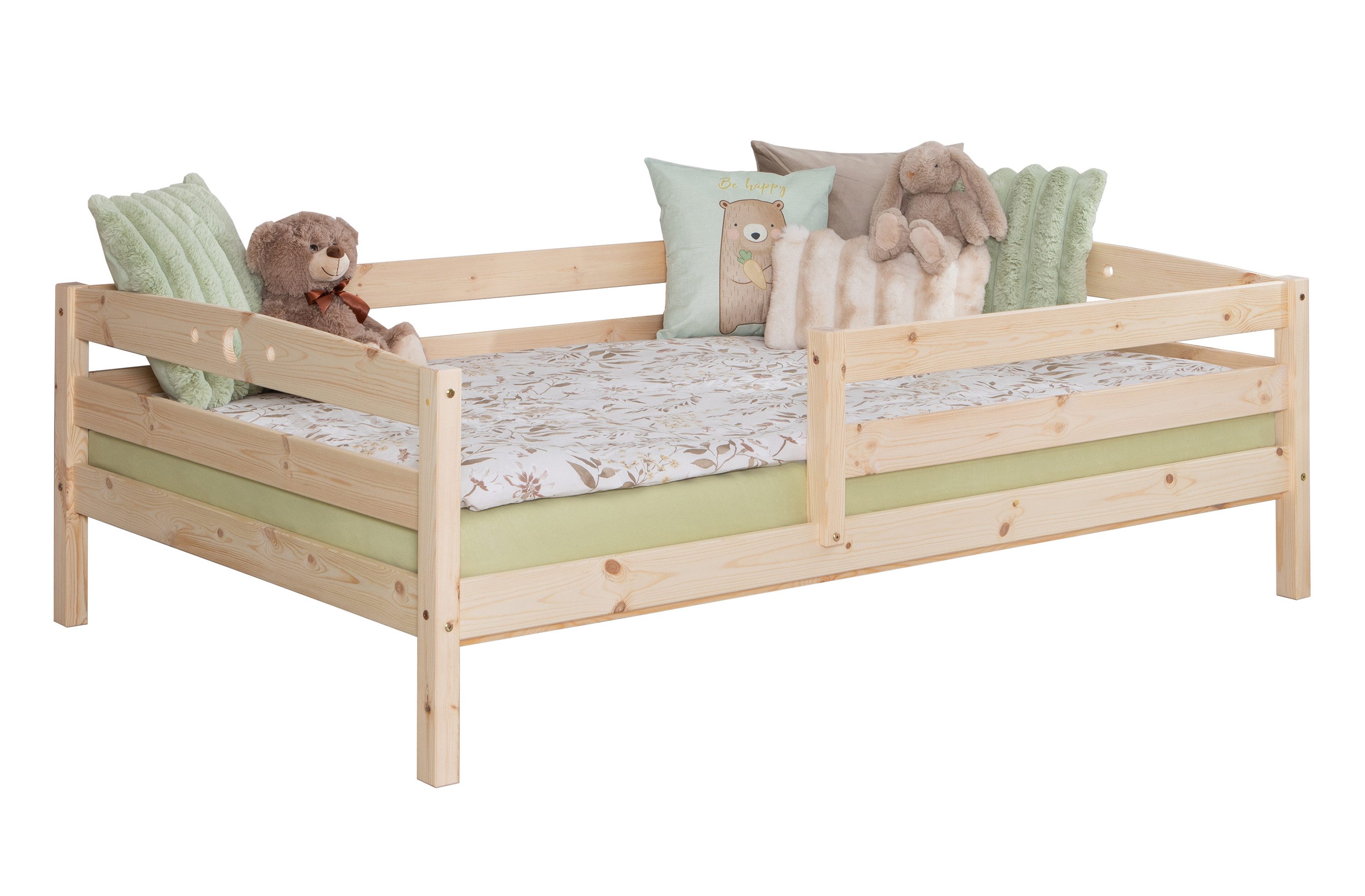 Ticaa Kinderbett Massivholzbett Eli Daybett Kinderbett Jugendbett (120x200 aus Kiefer Massivholz), mit Rausfallschutz, Natur