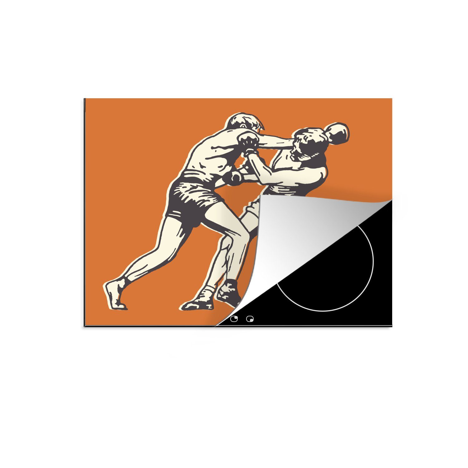 MuchoWow Herdblende-/Abdeckplatte Eine Illustration eines Boxkampfes auf orangefarbenem Hintergrund, Vinyl, (1 tlg), 60x52 cm, Mobile Arbeitsfläche nutzbar, Ceranfeldabdeckung