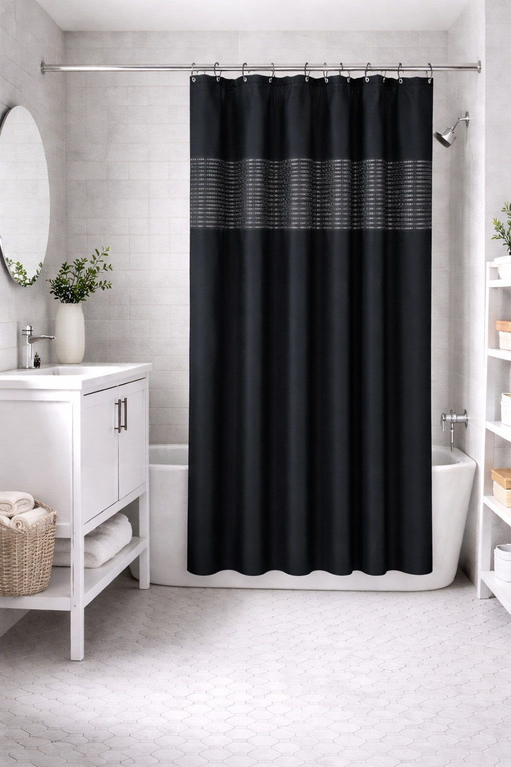 Clever-Kauf-24 Duschvorhang Textil-Duschvorhang Linie schwarz silber mit Pa günstig online kaufen