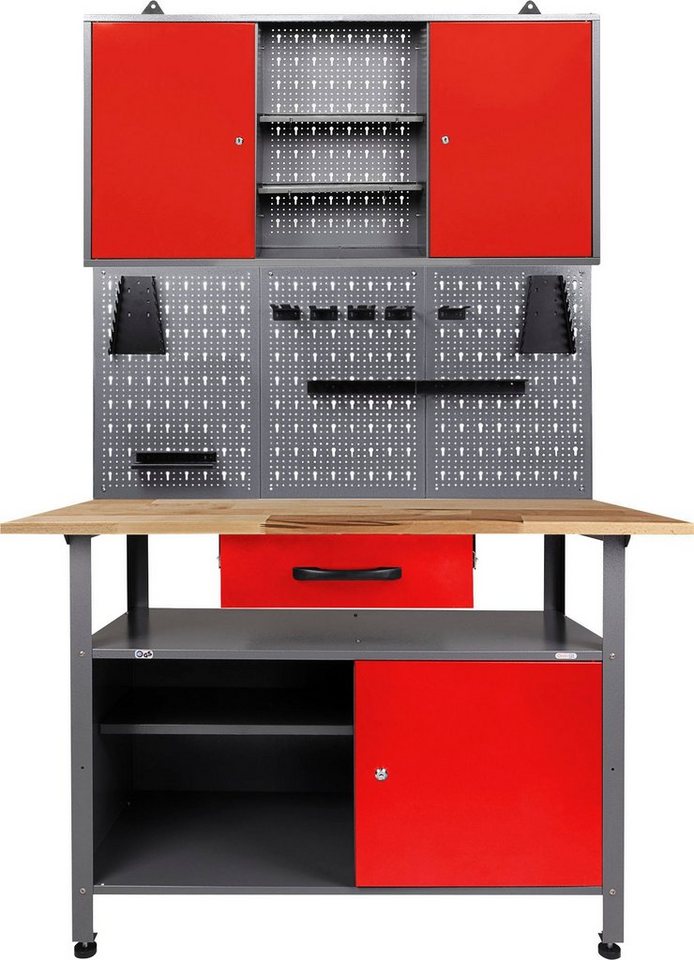 ONDIS24 Werkstatt-Set, inkl. Werkbank, Werkzeugschrank, Lochwand & 22-tlg.  Hakenset