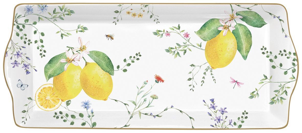 EasyLife Servierplatte Fleurs et Citrons, Porzellan, Spülmaschinengeeignet, Mehrfarbig, Motiv: Zitronen