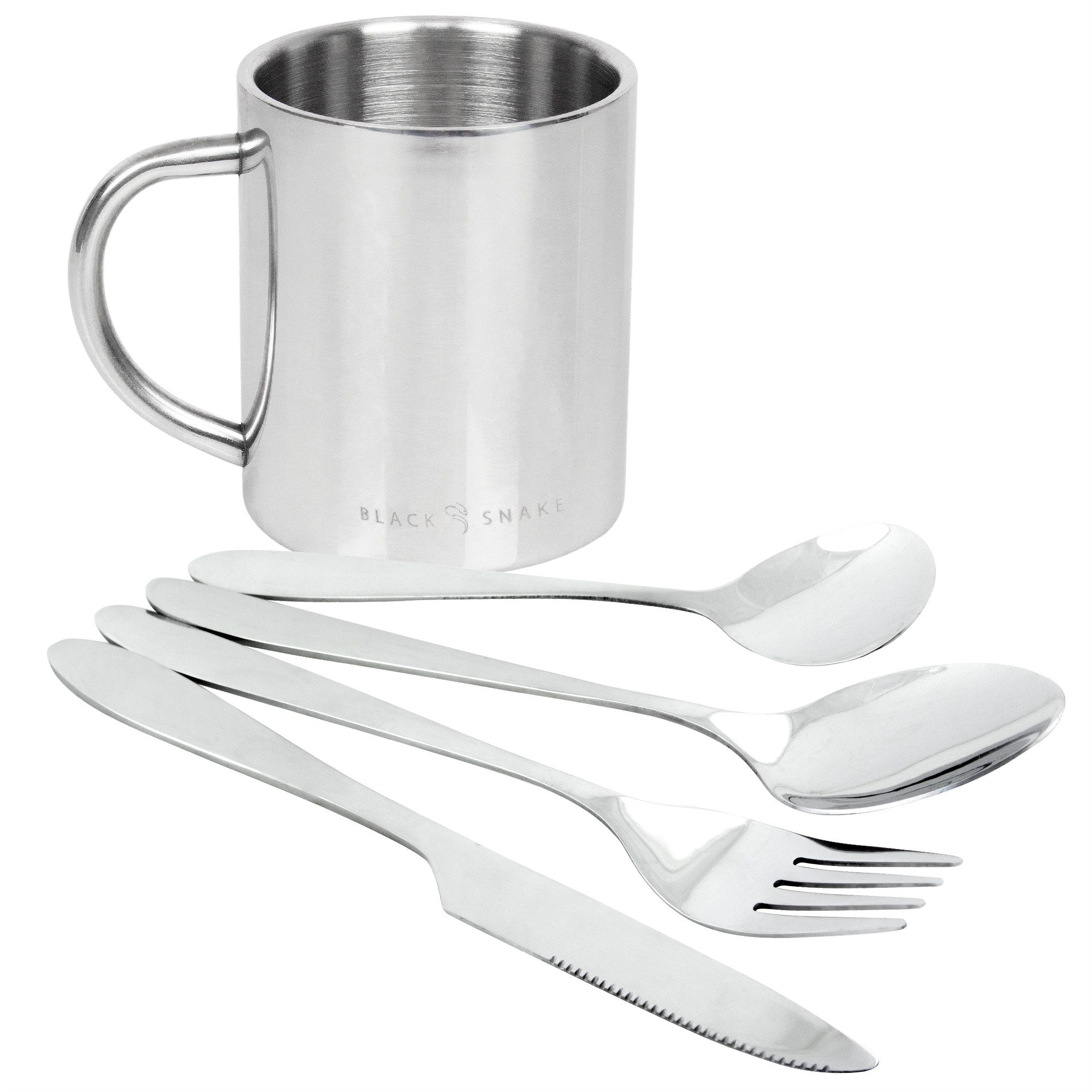 Black Snake Besteck-Set Thermo-Feldtasse mit Lunch-Besteck im Neopren-Etui für Camping (2-tlg), Edelstahl, Doppelwandig mit Black Snake Gravur samt Löffel und Teelöffel