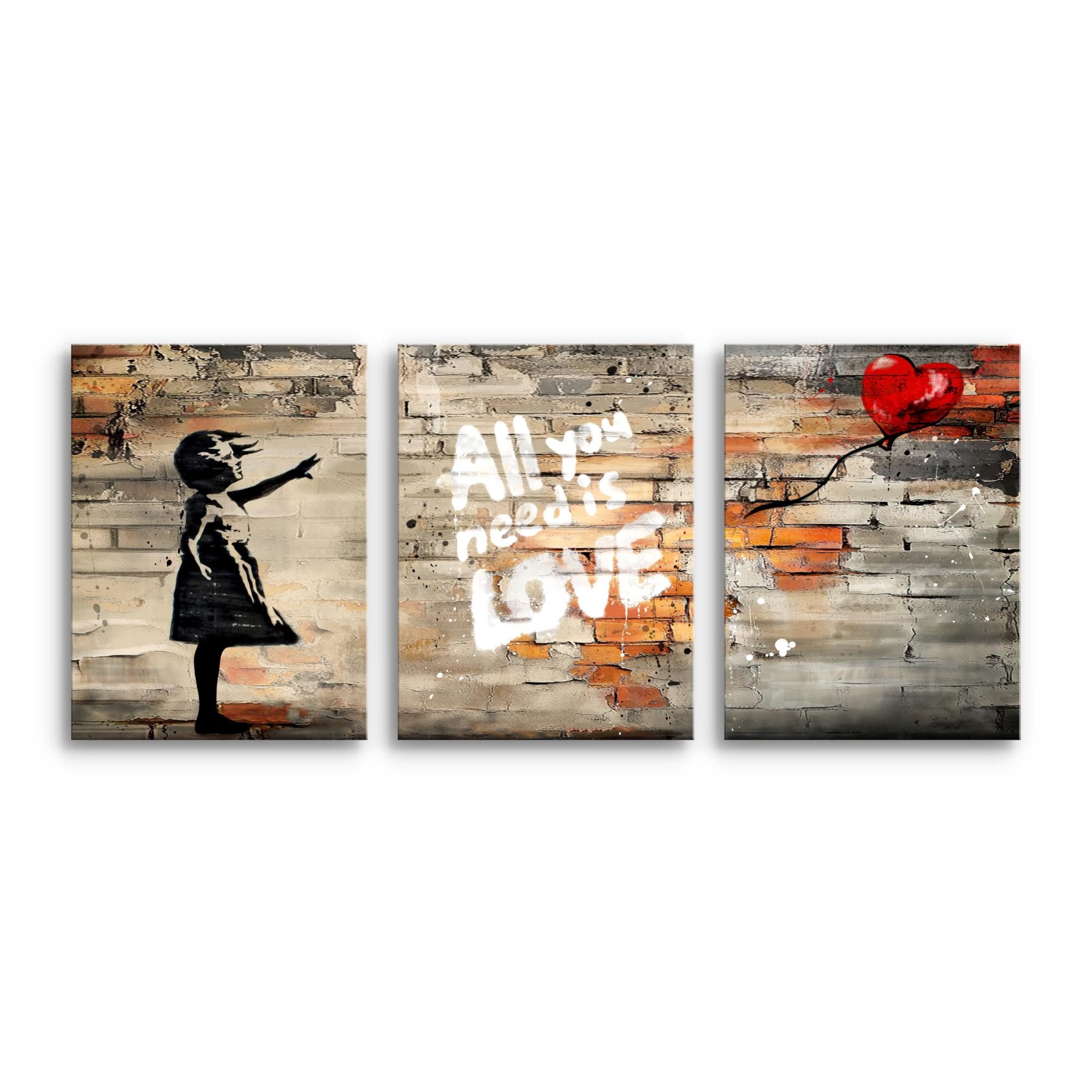Novart Bild Wandbilder Set Banksy Style Collage - 3 Bilder Wohnzimmer Streetart, Balloon Girl, made in Germany