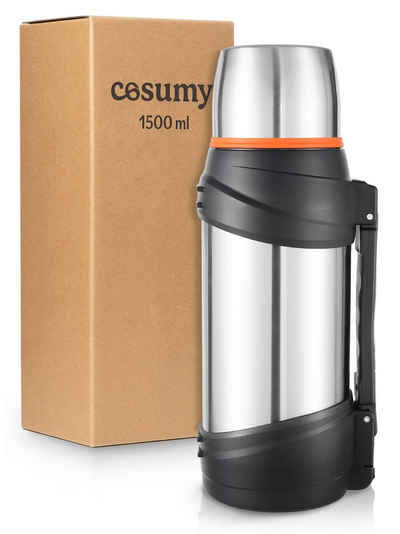 Cosumy Thermobecher Thermosflasche 1,5l mit Becher für Unterwegs - Thermoflasche, Thermos, Edelstahl, Robuster Griff & Tragegurt Isoflasche - 1,5 Liter für Kaffee & Tee