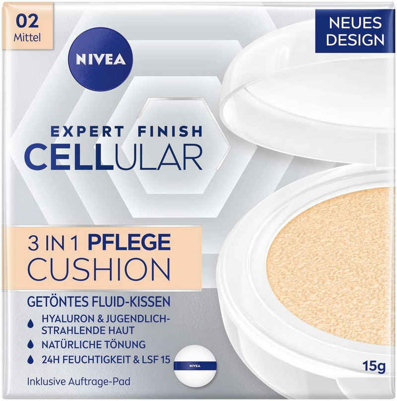 Nivea Gesichtspflege Expert Finish Cellular 3in1 Pflege Cushion Fluid Schwamm, mit Hyaluron, Kollagen-Booster, feuchtigkeitsspendende Foundation, - 02 Mittel