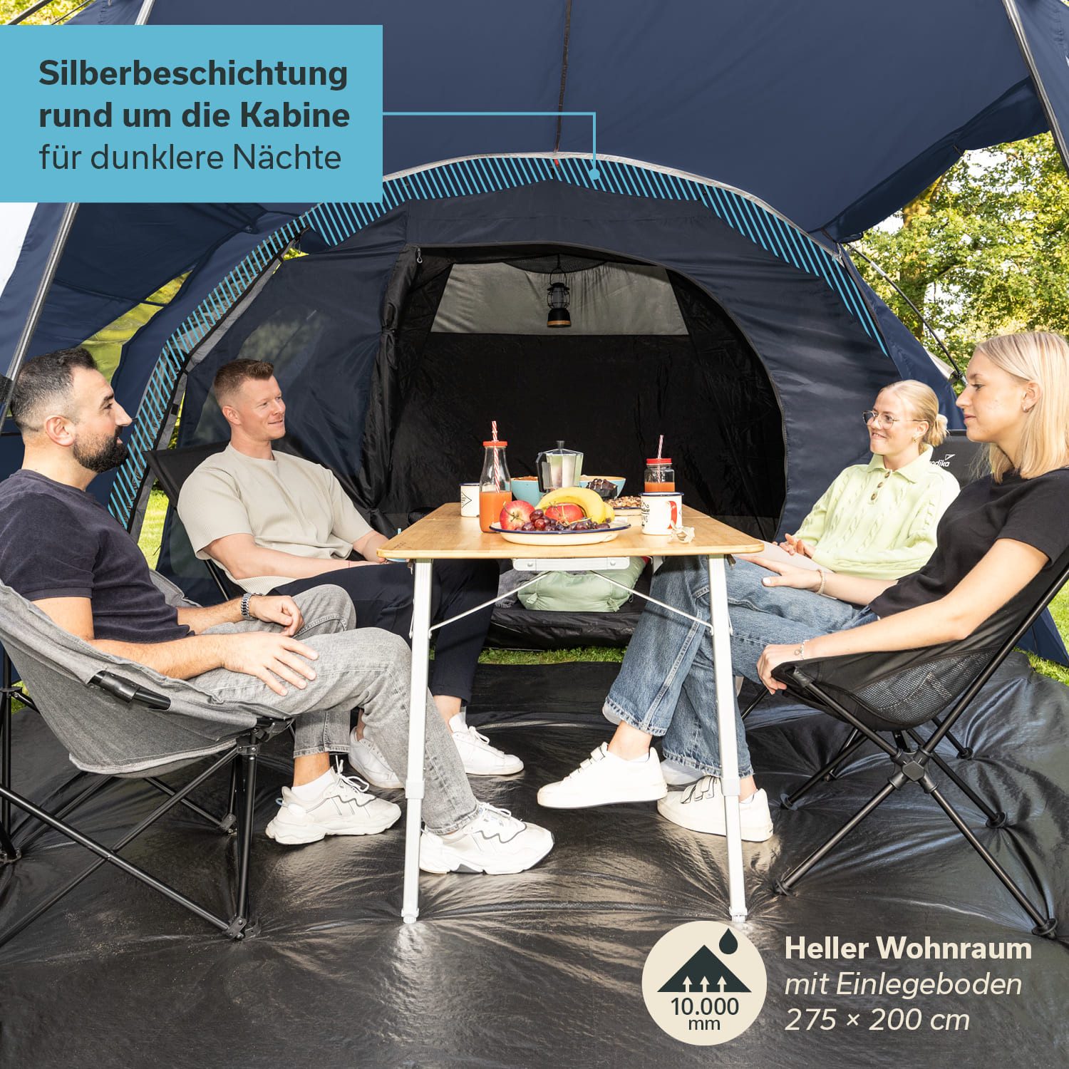 Skandika Tunnelzelt Kambo 4 Familienzelt mit dunkler Schlafkabine, Tragetasche, 3 Eingänge, Personen: 4 (Separater Eingang zur Schlafkabine, Haken für Lampenaufhängung), Wasserdicht, 3000 Wassersäule, Moskitonetz an Schlafkabine und Fenster