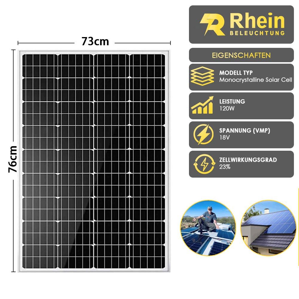 Rhein Beleuchtung Solarmodul 120W 12V Solaranlage Set Wohnmobil Garten Inselanlage, 120 W, Monokristallin, (Set, 3-St., Inkl. 40A MPPT-Regler & 3 m Solarkabel – ideal für Dachmontage), Mono Solarpanel mit Half-Cut-Technologie & IP65 Anschlussdose