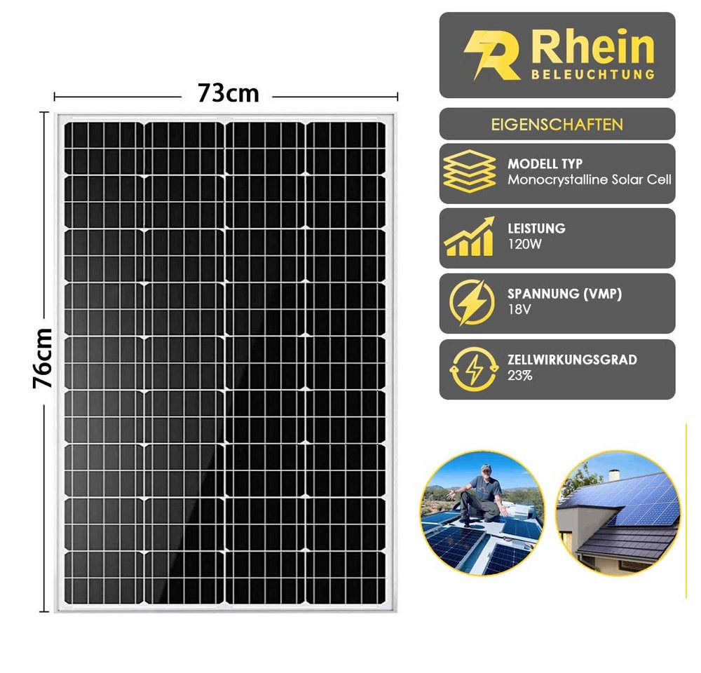 Thumbnail - Rhein Beleuchtung Solarmodul 120 W/150 W/200 W monokristallines Solarpanel(12V), (Geeignet für Wohnmobile, Hütten, Meere...