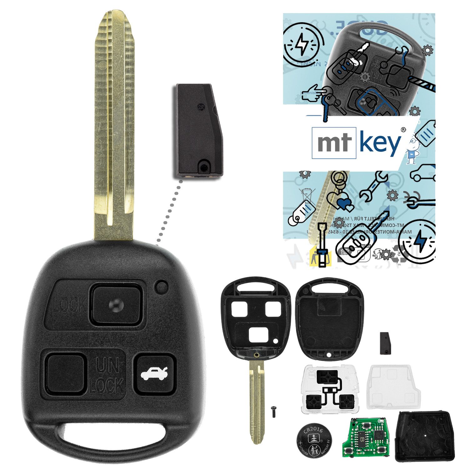 mt-key Schlüsseltasche Auto Funk Schlüssel Fernbedienung TOY43 434MHZ ID67 (Set), für Toyota Highlander (U20, 04–07); Land Cruiser (J120, 02–09)