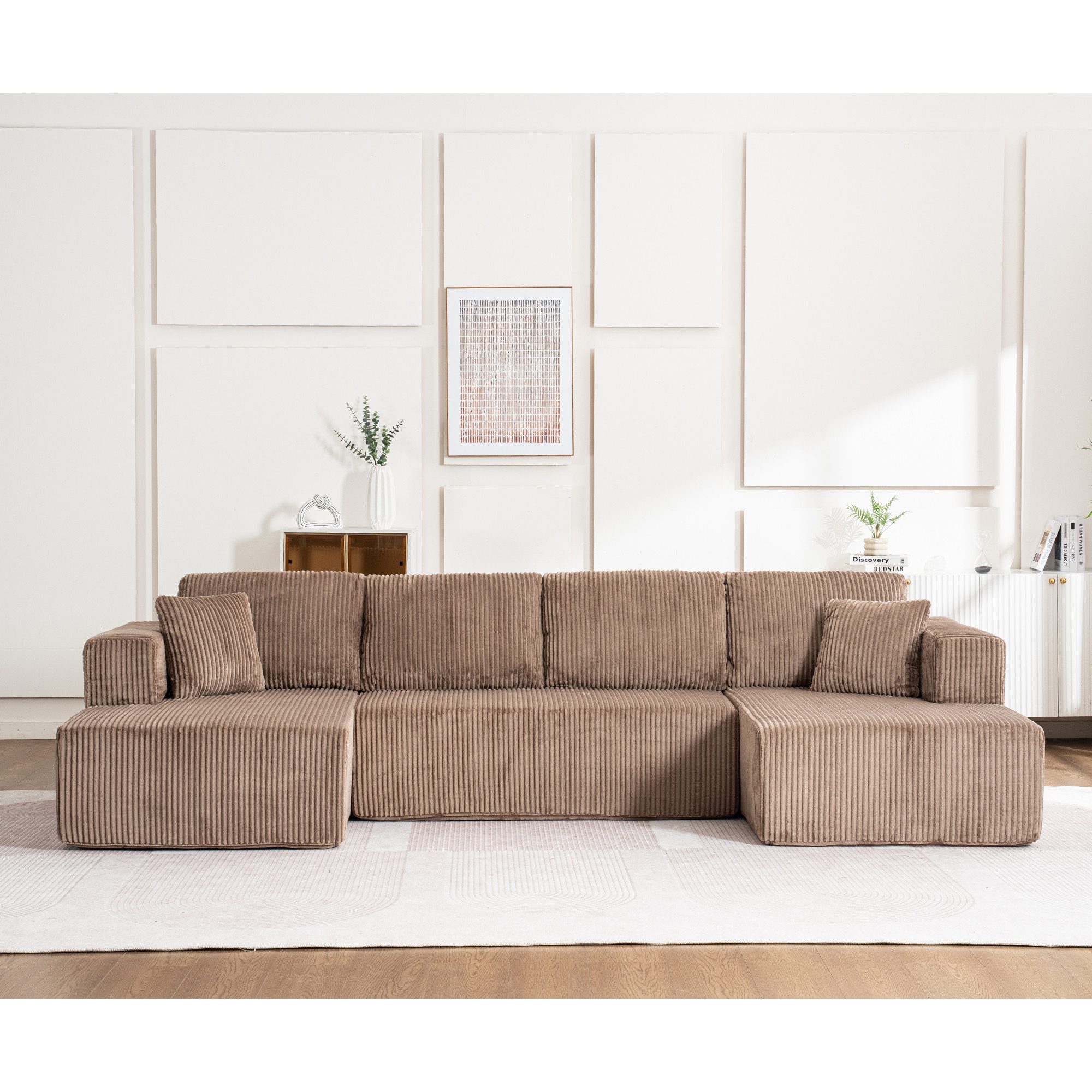 HAUSS SPOLE Schlafsofa U Form,Sofa Wohnzimmer Polstersofa Loungesofa mit Schlaffunktion, modernen Leisure-Sofa im U-Typ,aus Lampenstoff mit Liegestühlen., Big Sofa mit vier große Kissen und zwei kleine Kissen