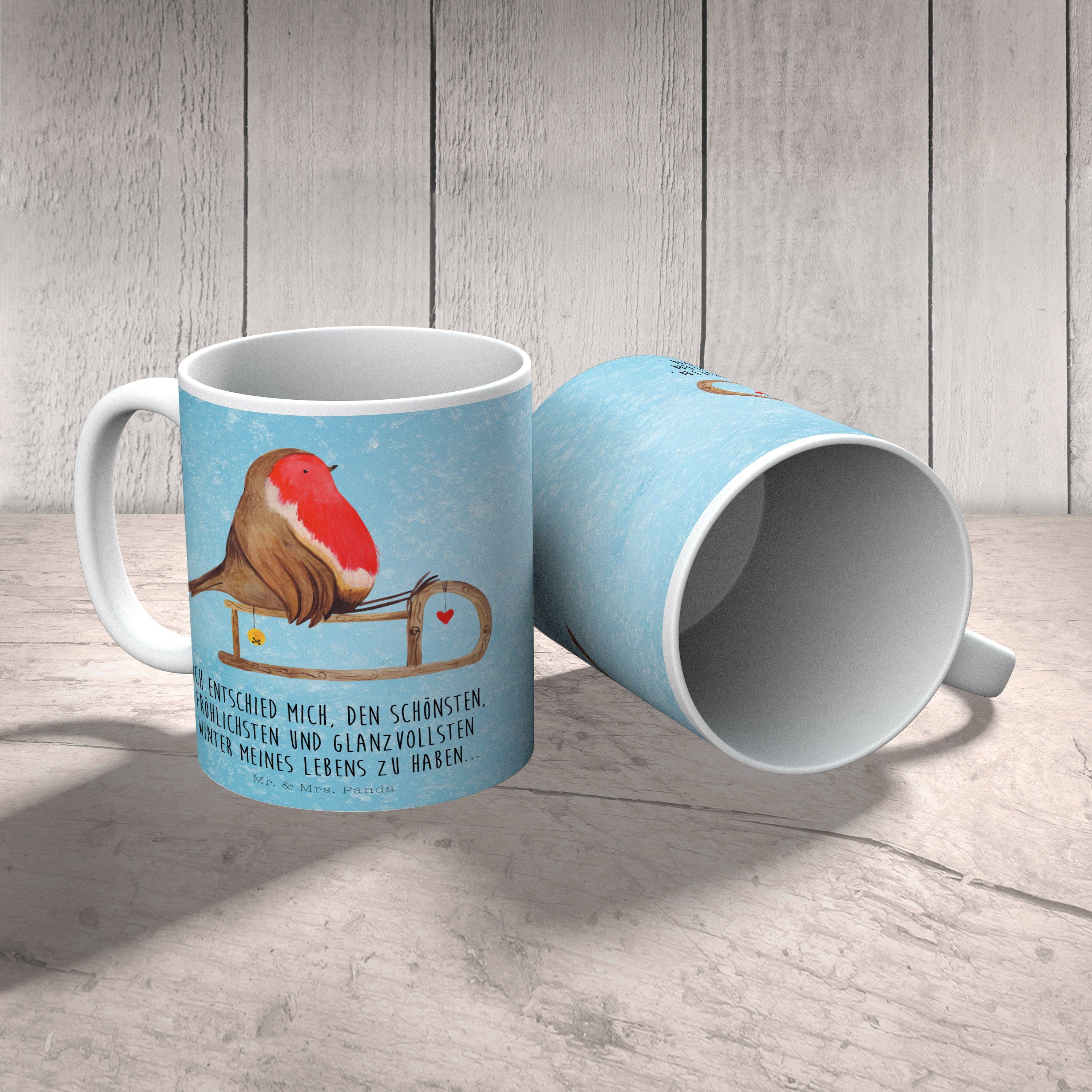 Büro Schlitten Geschenk, Tasse, Kaffeetasse, Mrs. - Mr. Eisblau Rotkehlchen - Tasse & Panda Keramik