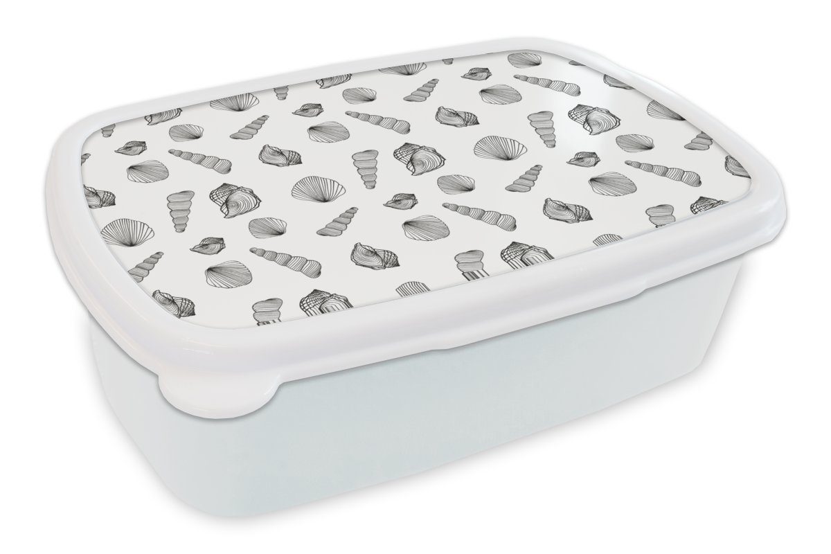 MuchoWow Lunchbox Muschel - Schwarz und Weiß - Design, Kunststoff, (2-tlg), Brotbox für Kinder und Erwachsene, Brotdose, für Jungs und Mädchen