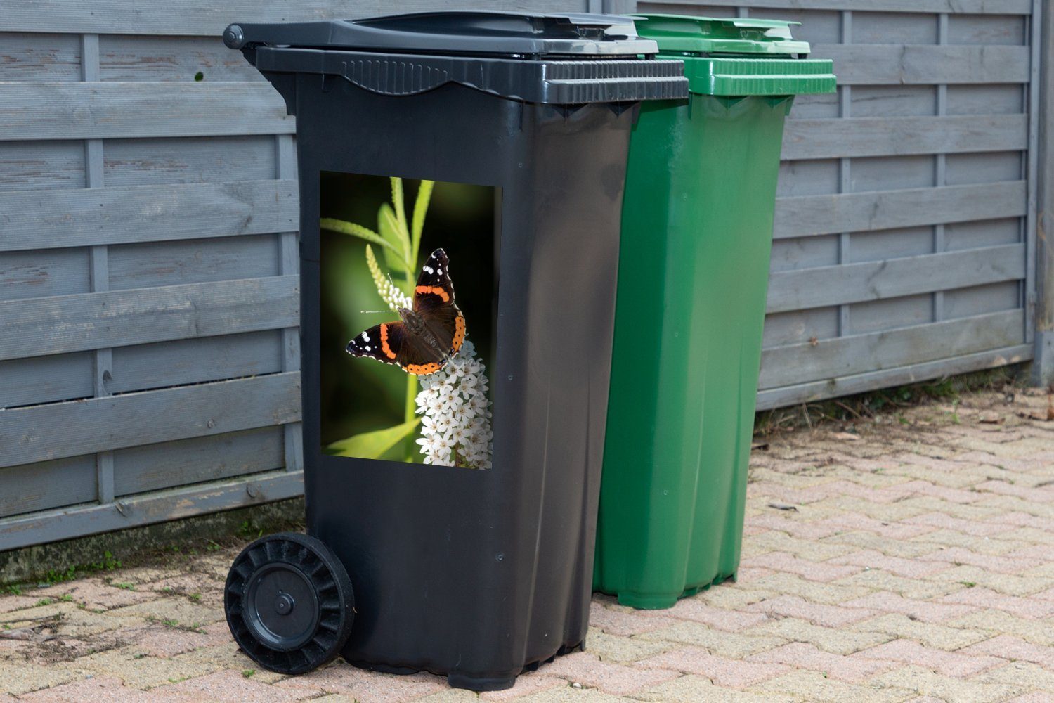 MuchoWow Wandsticker Ein Stieglitz-Schmetterling auf Sticker, einer Container, Blüte St), (1 Abfalbehälter weißen Mülleimer-aufkleber, Mülltonne