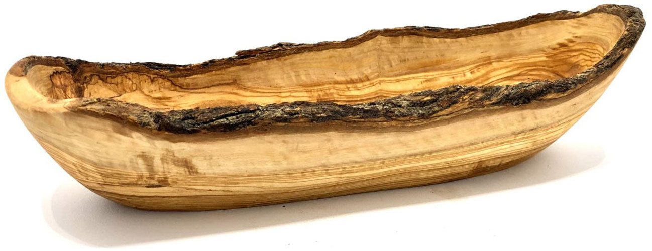 Olivenholz-erleben Brotschale rustikal aus edlem naturbelassenem Olivenholz, Massivholz, (1-tlg), Einzigartige Maserung, naturgewachsene Schale, ideal für Baguette