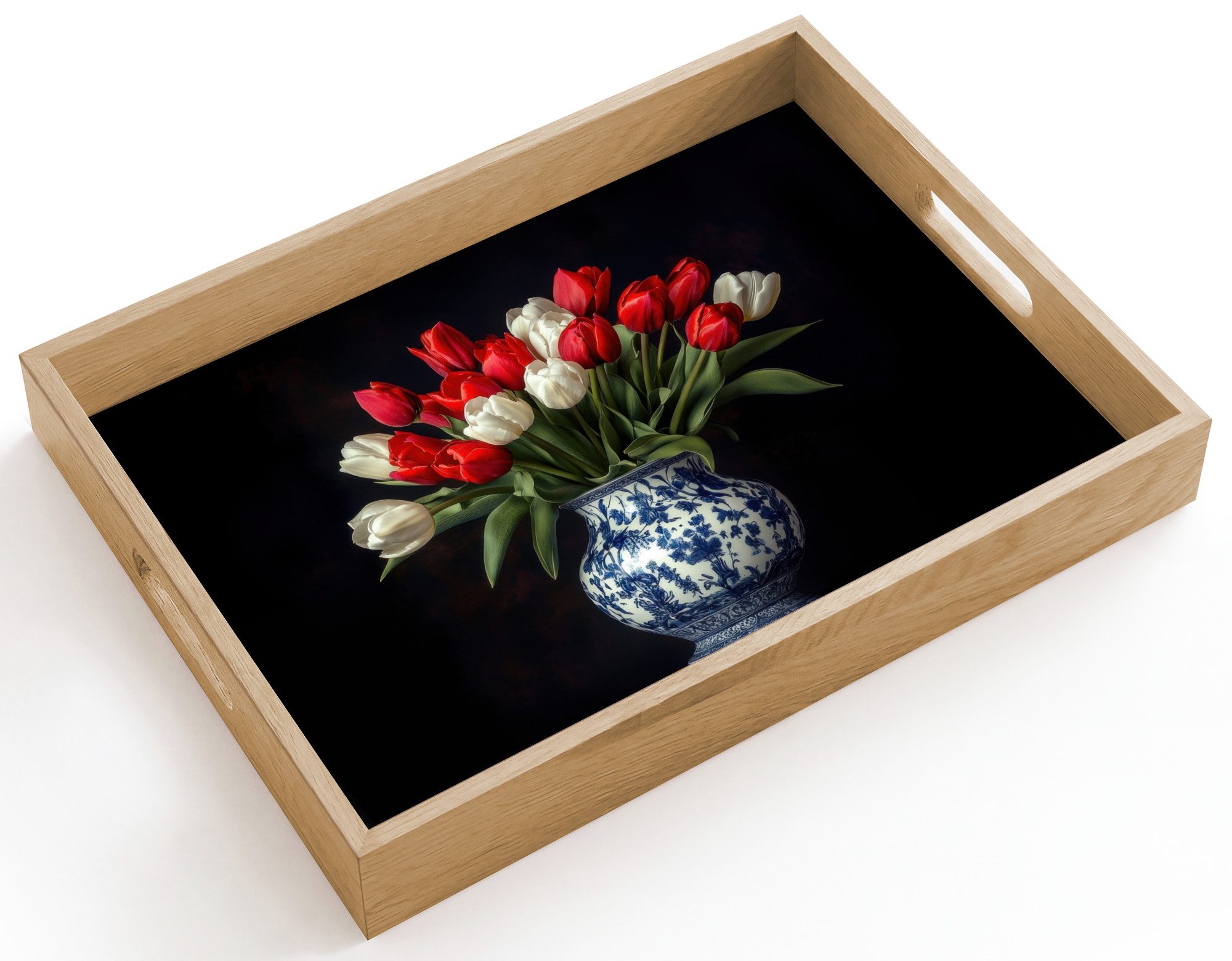 OnlyWow Tablett Rechteckig mit Henkel Rot - Blumen - Tulpen - Vase, Eichenholz, (1-tlg), Siervierplatte, Tray, Frühstücksbrett