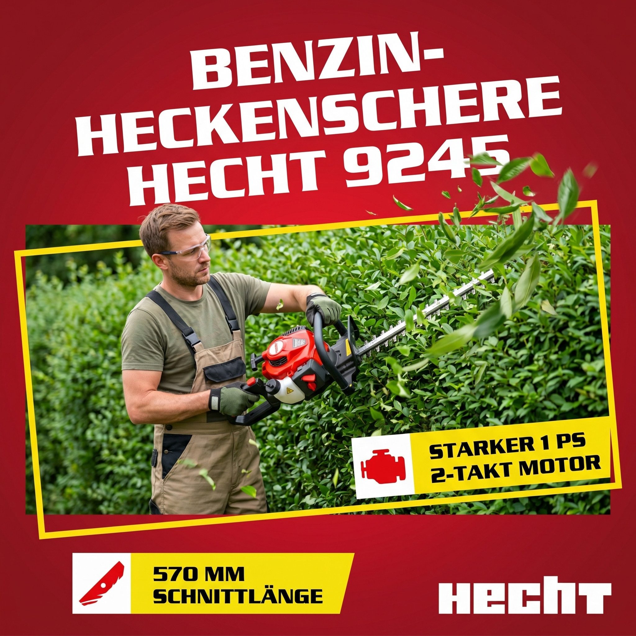 Hecht Benzin-Heckenschere 9245 mit Laser CUT und Schwertschutz, bis 22 mm Stärke, 70 cm Schwert, ergonomisch