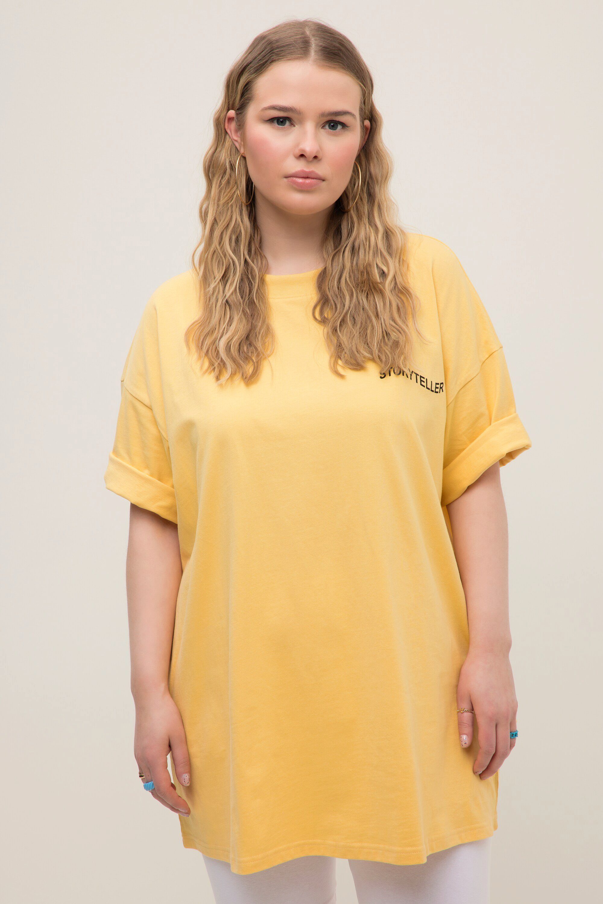 Studio Untold Rundhalsshirt T-Shirt oversized Rücken Print Rundhals Halbarm gelb