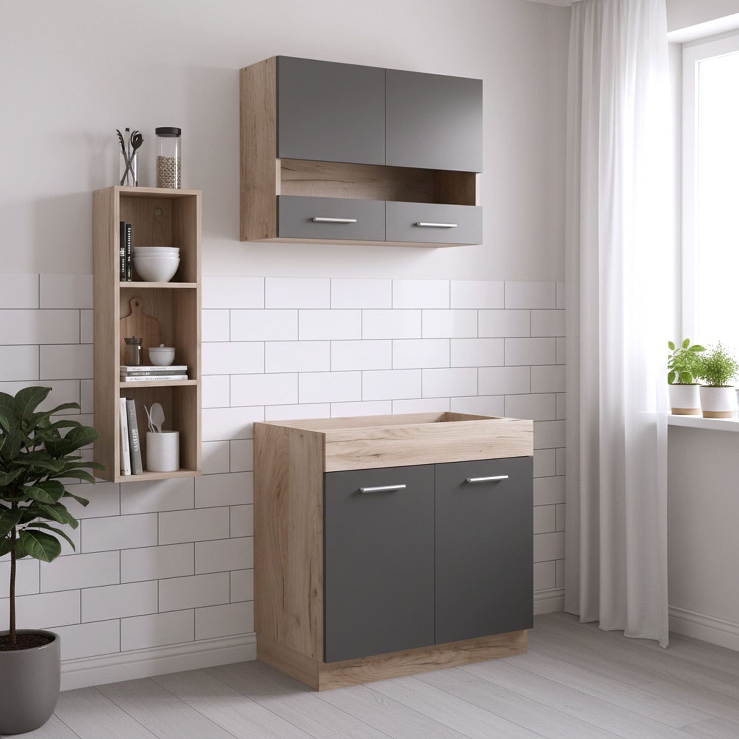 Homestyle4u Küchenzeile ohne Geräte 80 cm klein Singleküche matt Grau Eiche Glas-Oberschränke, (Oberschränke, Unterschränke), Küchenblock mit Oberschränken und Unterschränken, Einbauküche