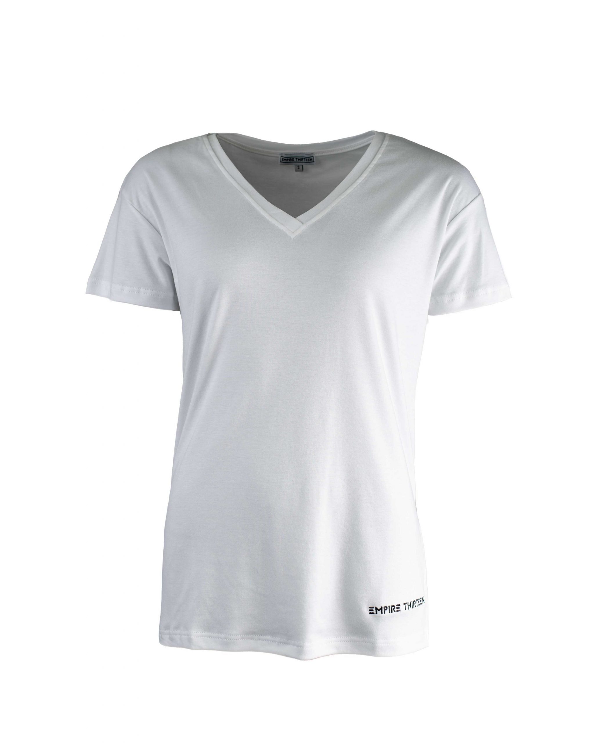 EMPIRE-THIRTEEN T-Shirt "EMPIRE-THIRTEEN" V-NECK SHIRT LADIES Logostickerei, V-Ausschnitt Weiß