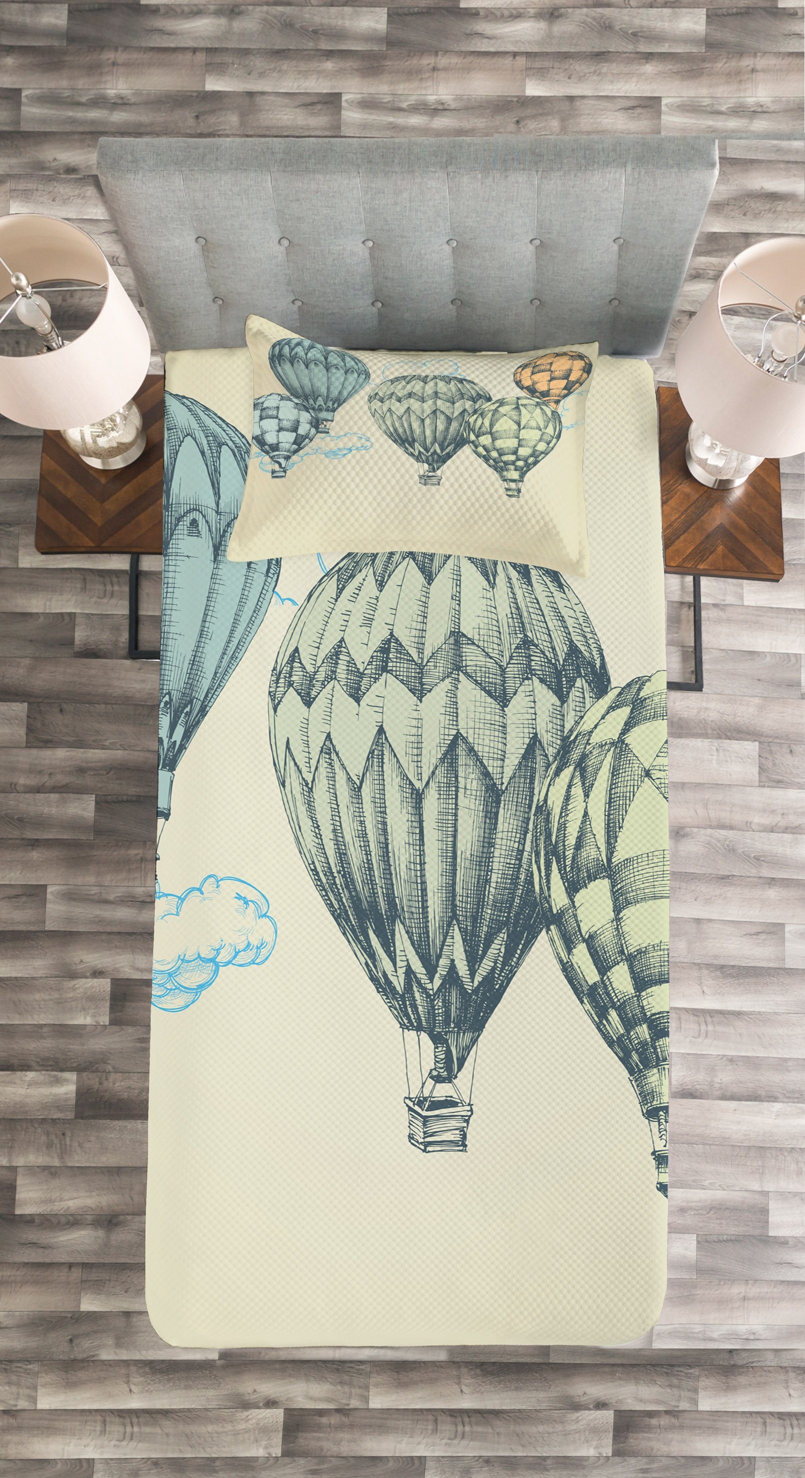 Tagesdecke Set mit Kissenbezügen Luft-Ballone Himmel Abakuhaus, Jahrgang in Waschbar