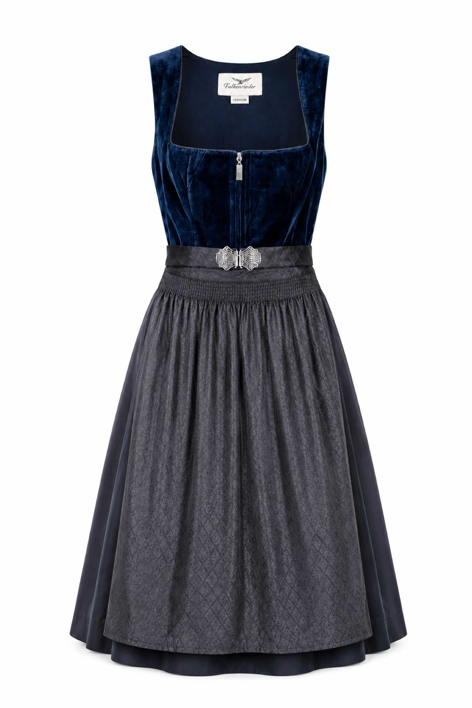 Falkenrieder Dirndl Damen Midi Trachtenkleid inkl. Trachtenrock mit praktischer Rocktasche (Das Set enthält Oberteil, Schürze und Rock) Dirndlkleid mit 60cm Dirndlrock - Für dein Oktoberfest Damen Outfit