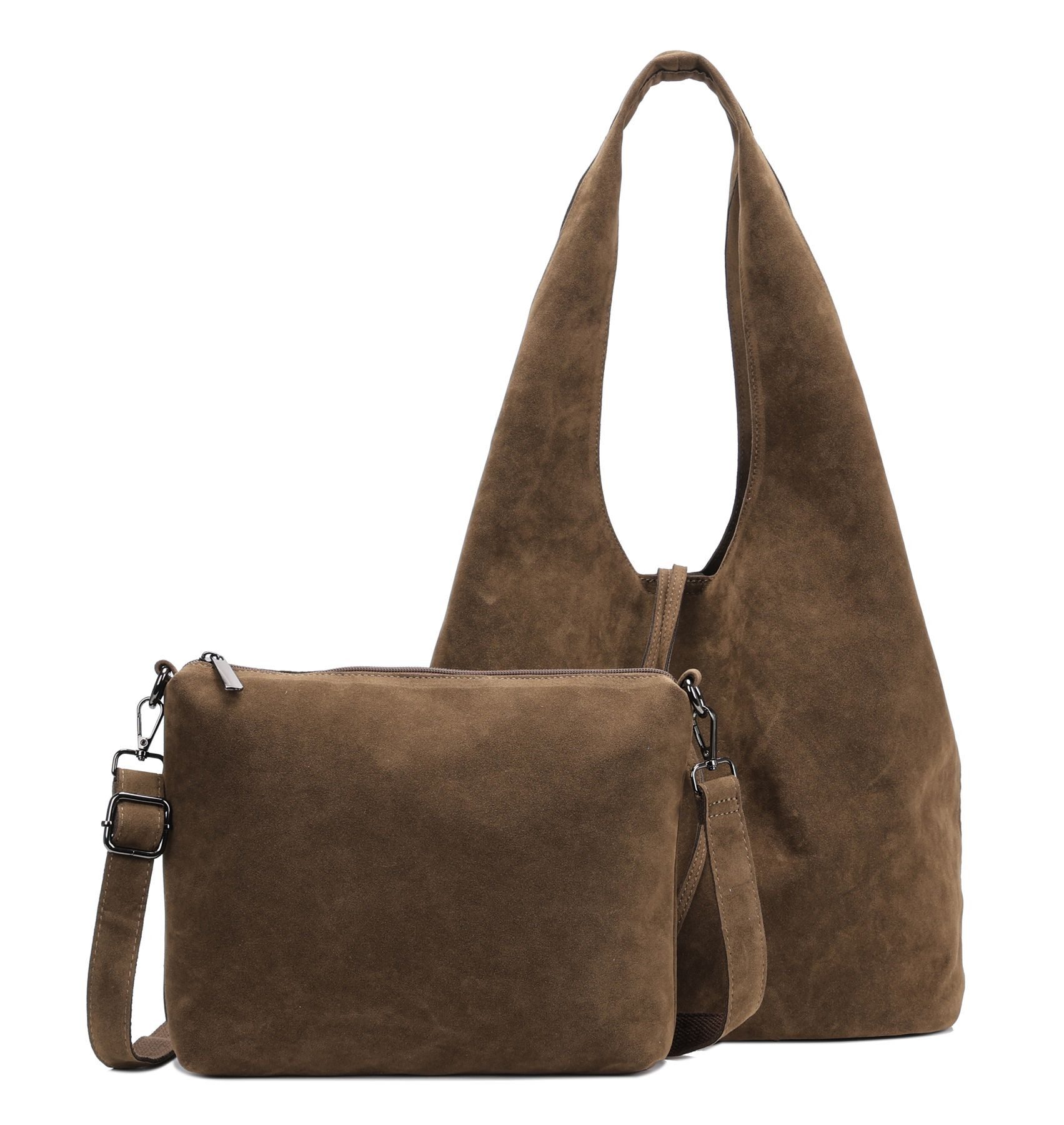 ITALYSHOP24 Schultertasche Damen Tasche Set 2in1 Shopper Hobo Bag Handtasche Crossbody Velours (Spar-Set 2 in1 Hobo + Crossbody Bag / Schmucktasche, Leichtgewicht, Wildleder Optik), Umhängetasche Workbag Body Bag Beuteltasche Freizeit Wildleder Optik