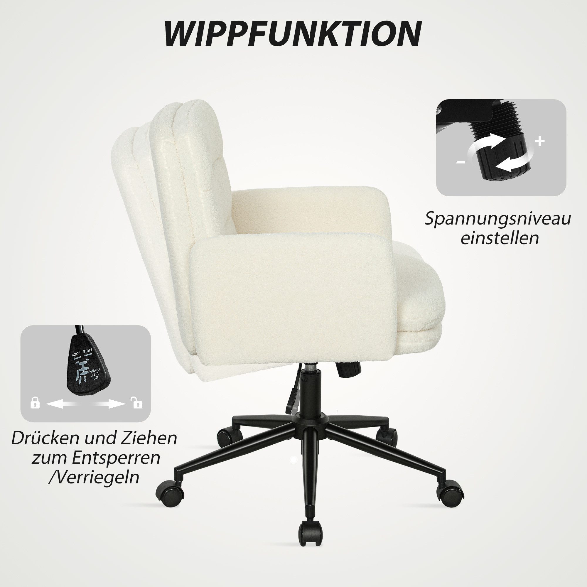 HOMCOM Bürostuhl mit Bouclé-Optik höhenverstellbar Bürostuhl mit Wippfunktion (Drehstuhl, 1 St), bis 120 kg belastbar für Schlafzimmer, Arbeitszimmer, Cremeweiß – Bild 5 von 5