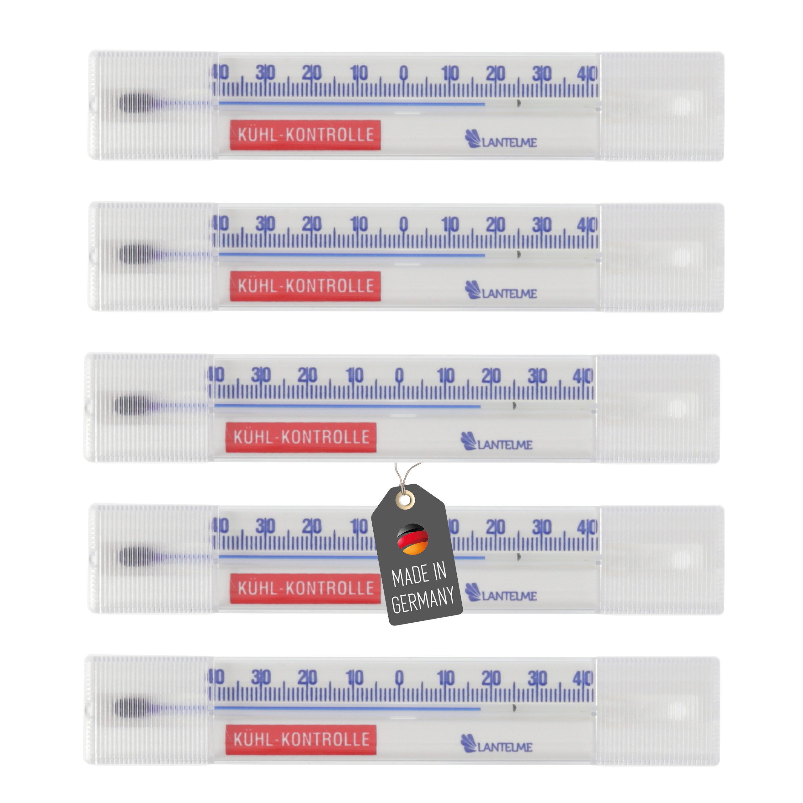 Lantelme Kühlschrankthermometer Set Waagrecht Selbstklebend Kühlschrank Gefrierschrank Thermometer, 5-tlg., 5 Kühlschrankthermometer im Set, Selbstklebend, Temperatur + - 40°C, 14 cm, Deutsche Herstellung