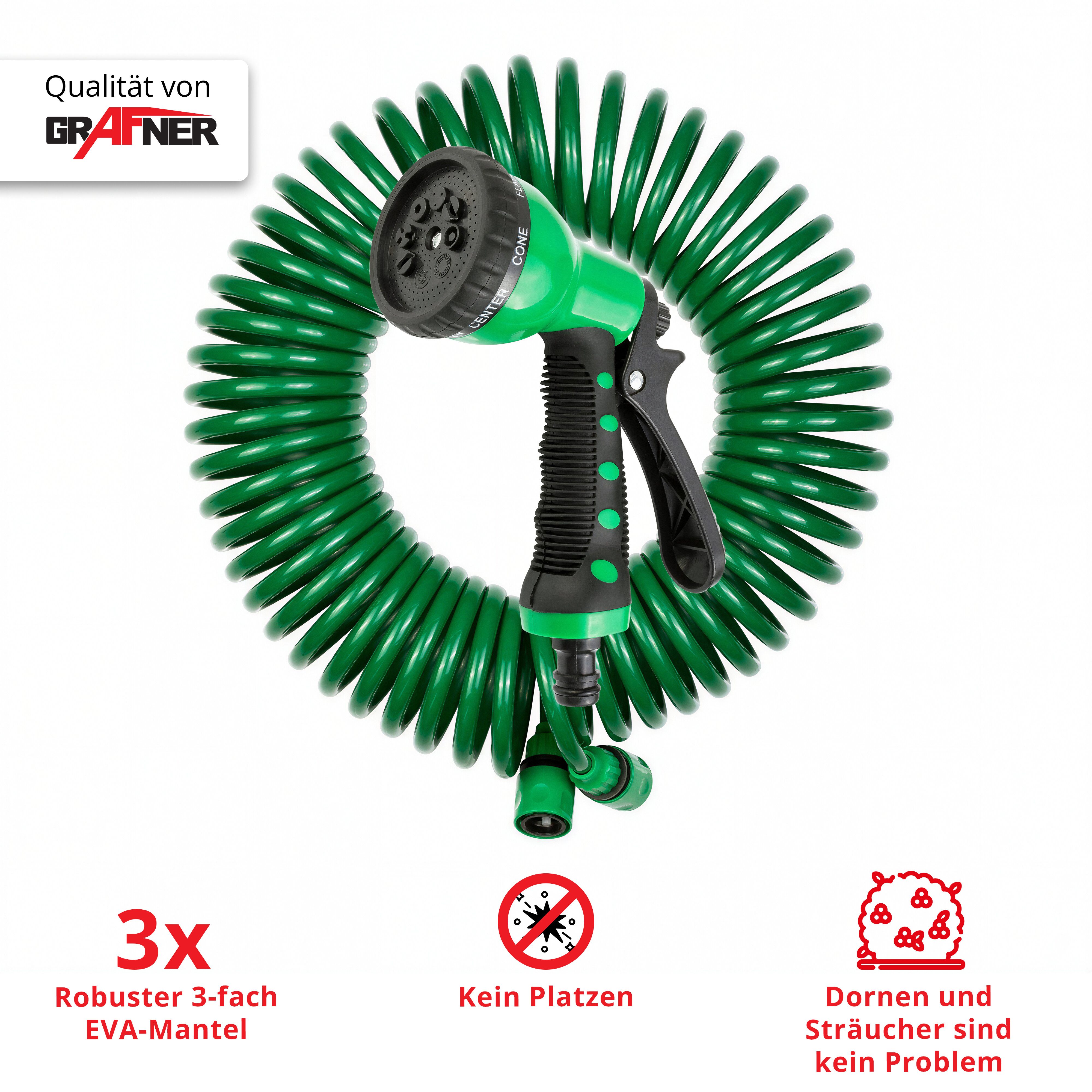 Grafner Gartenschlauch Gartenschlauch Spiralschlauch 15m 1/2" inkl. 8 Funktionen Brause, ausgedehnt ca. 15 Meter, Kein Platzen! Dornen und Sträucher – Kein Prob – Bild 5 von 5