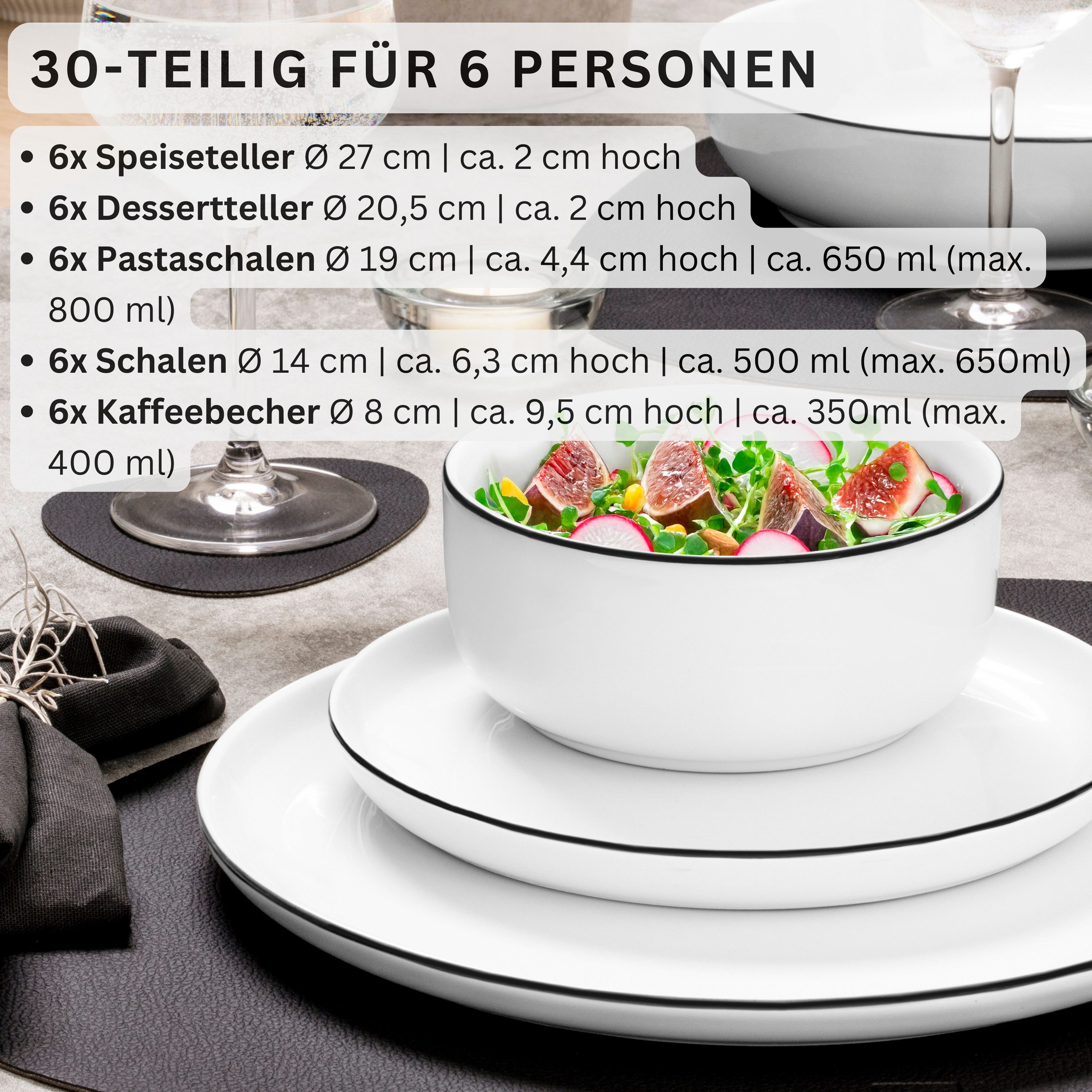 SÄNGER Tafelservice Marlo Geschirrset (30-tlg), 6 Personen, Porzellan, Black Rim, Weiß mit schwarzen Akzenten, Premium Collection – Bild 2 von 5