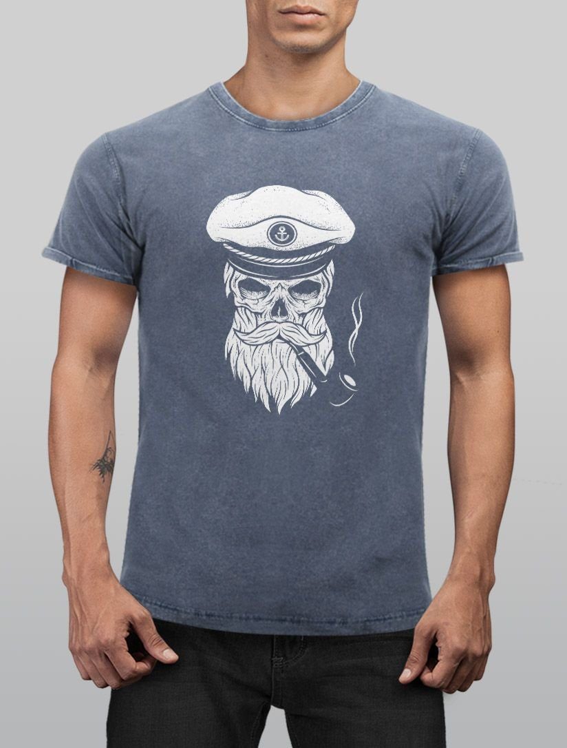 Shirt blau Herren Vintage Neverless Totenkopf Print-Shirt Slim Cooles Captain Used Fit mit Angesagtes Print Skull Look Aufdruck Neverless® T-Shirt