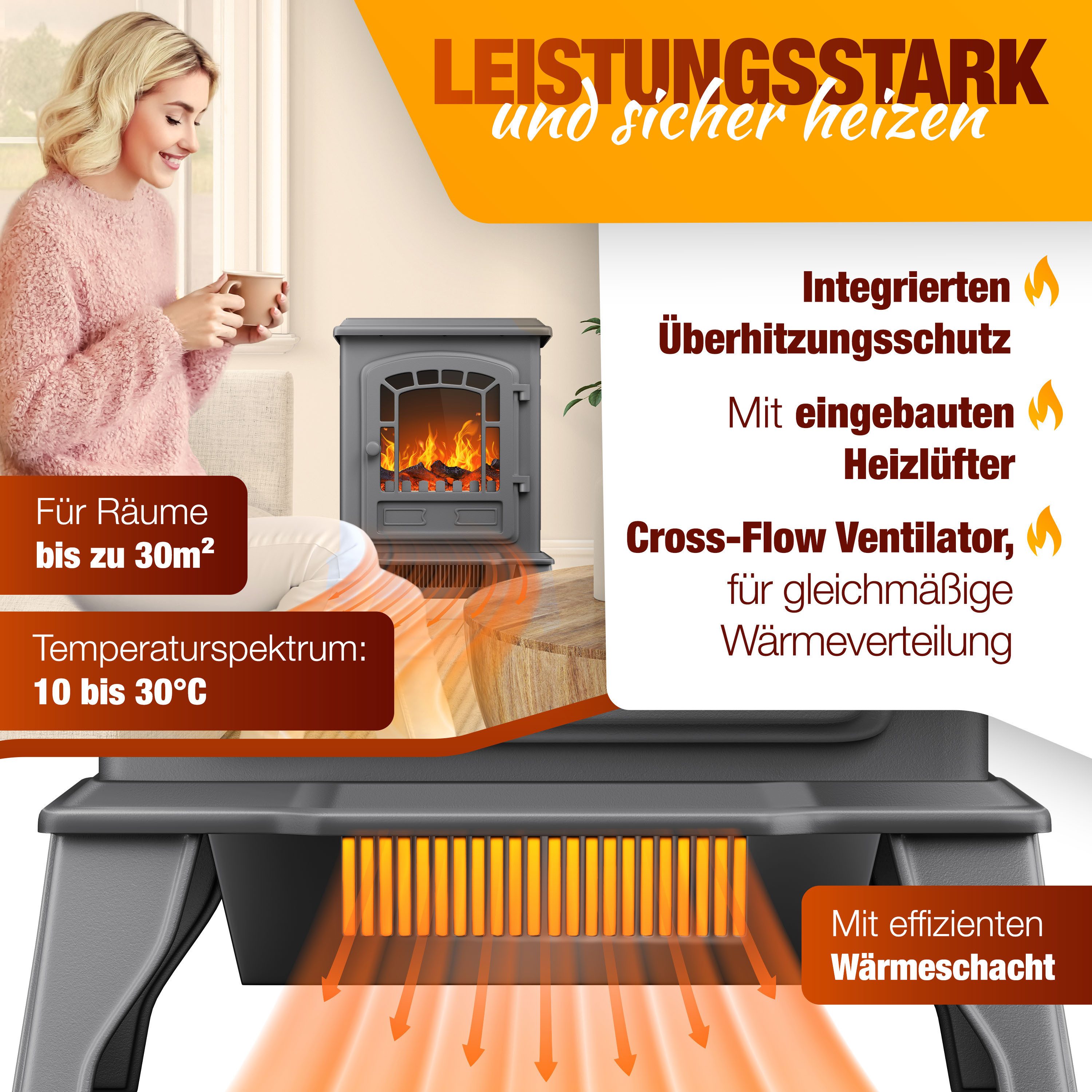 KESSER Elektrokamin 2 in 1, Heizfunktion, 3D Kaminfeuer-Effekt, mit zwei Heizstufen, Sicherheitsabschaltung, Thermostat Regler