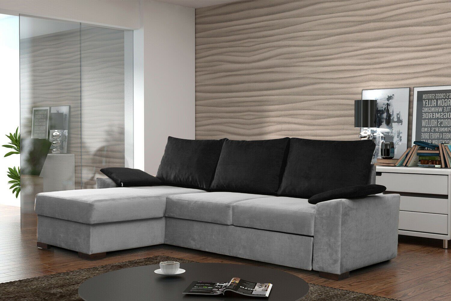 JVmoebel Ecksofa Design Ecksofa Schlafsofa Bettfunktion Couch Leder Polster Textil, Mit Bettfunktion Grau / Schwarz