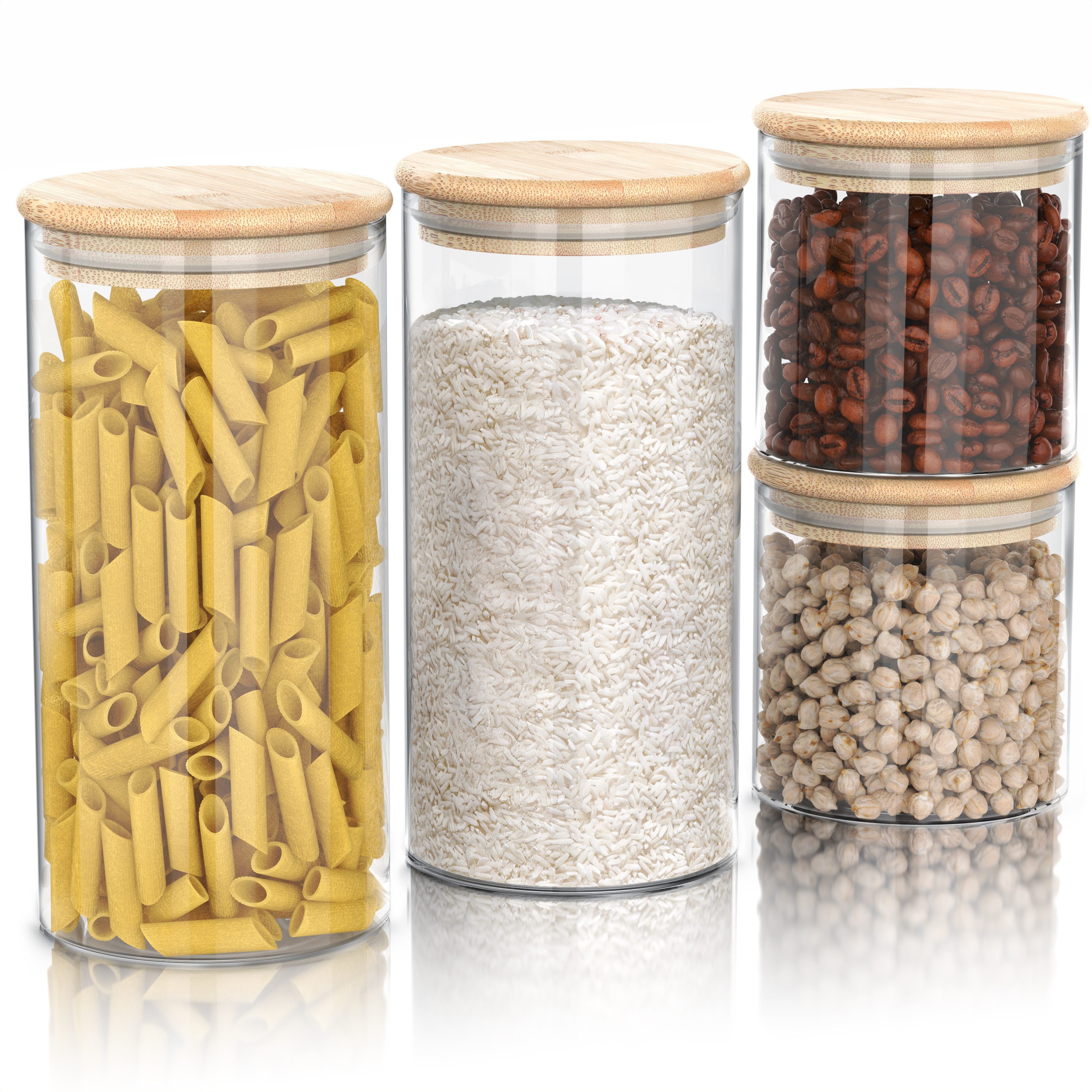 Arendo Aufbewahrungsbecher Glasbehälter 2x 0,78L & 2x 1,57L Borosilikat, Bambusdeckel, luftdicht, Borosilikatglas, Bambus, Silikon, (Vorratsbehälter-Set, 4-tlg., 4er Set), Vorratsdosen, Vorratsgläser, Hitzebeständig, mikrowellengeeignet