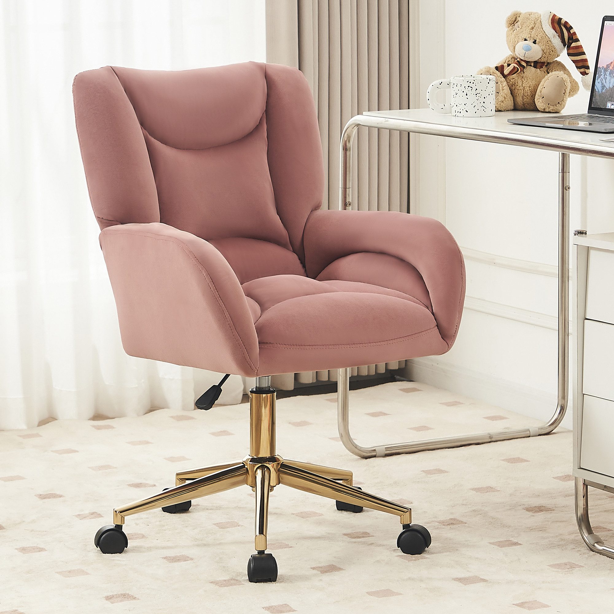 DEKKETO Polsterstuhl Bürostuhl, Schreibtischstuhl, Schminkstuhl & Drehstuhl aus Samt (1 St), mit goldenem Fußkreuz, ideal für Schlafzimmer & Home Office