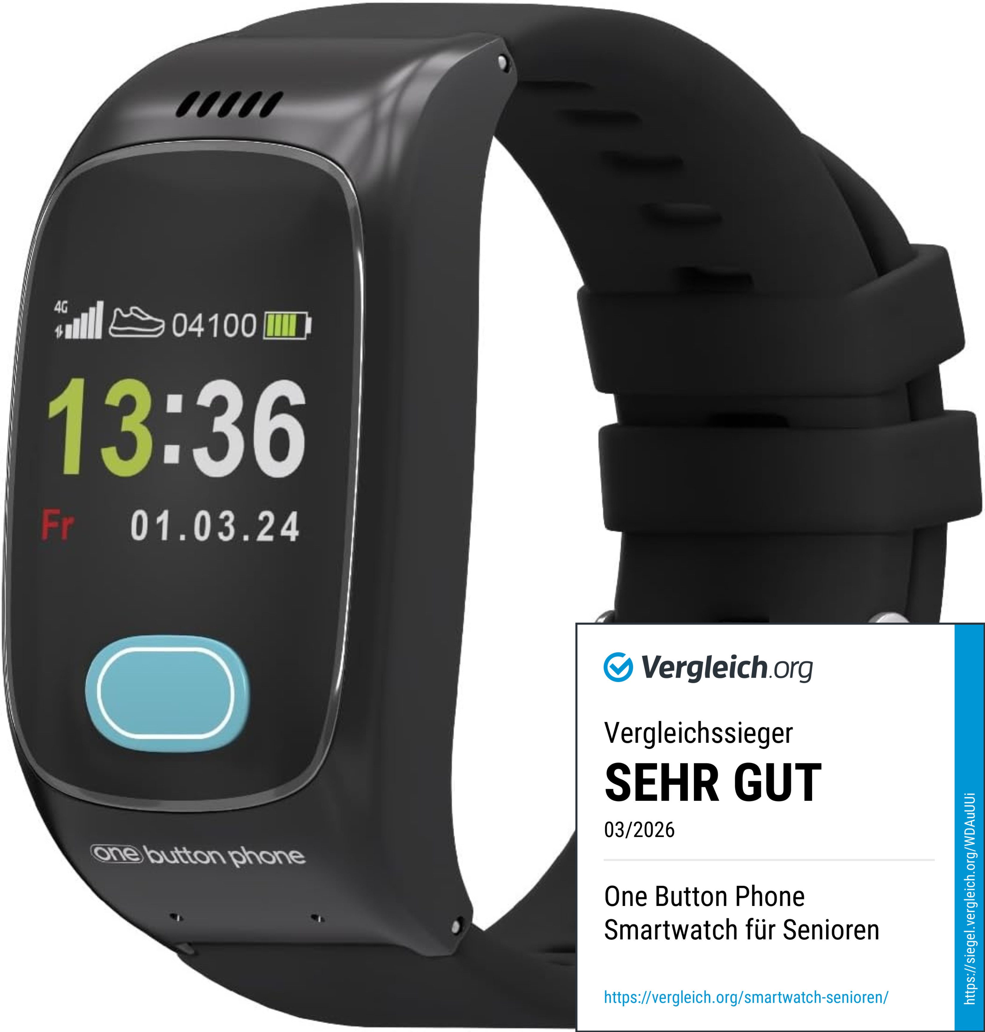 one button phone Sicherheits-Notrufuhr für Senioren, SOS-Knopf, Sturzerkennung, GPS Seniorenhandy (2,50 cm/1 Zoll, seniorengerecht, Lautsprecher)