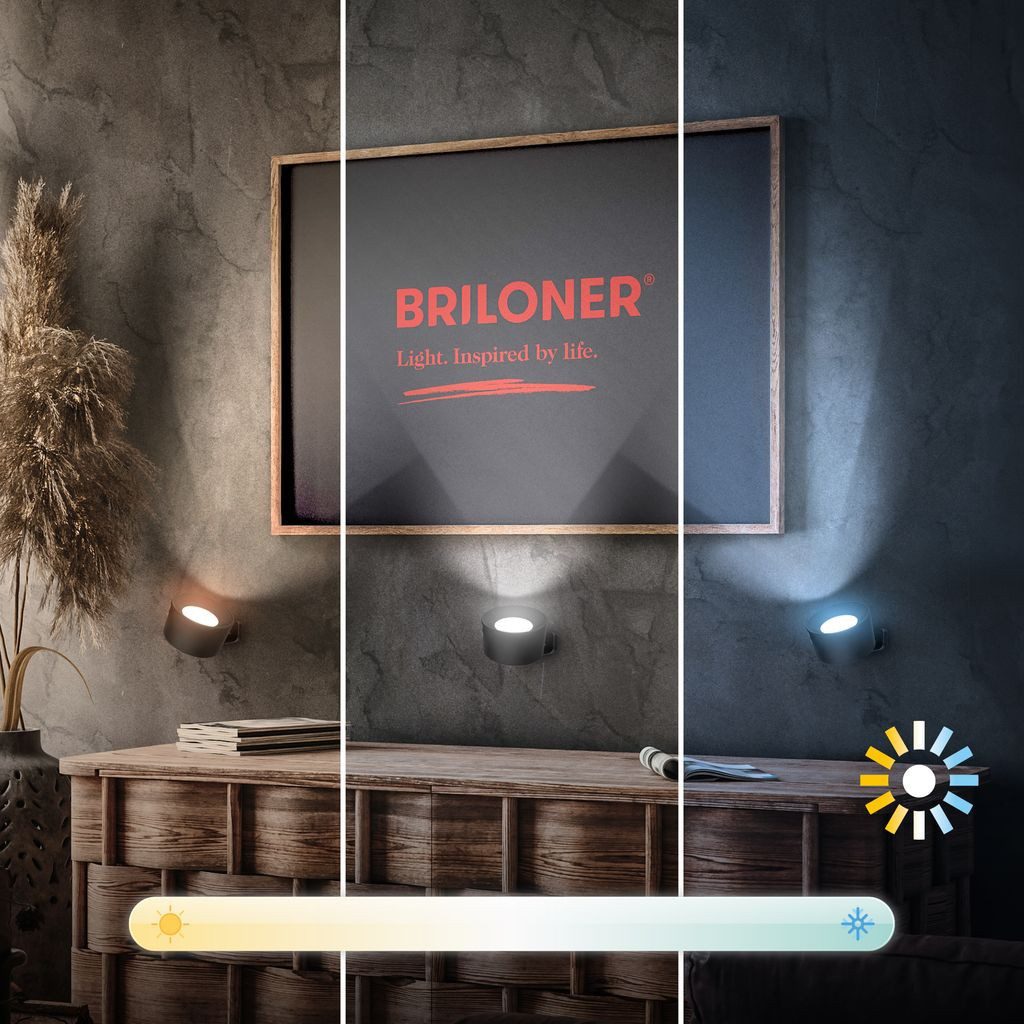 Briloner Leuchten Wandleuchte 2899025B, Dimmfunktion, LED fest integriert, 6500K - Kaltweiß, 2er Set LED Wandlampen zum kleben Schwarz 3W Innen ohne Stromanschluss