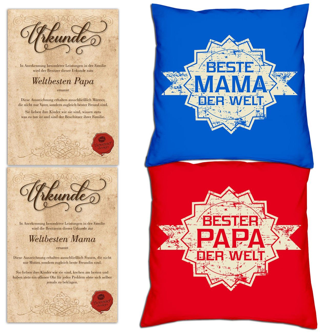 Soreso® Dekokissen Kissen-Set Bester Papa der Welt Stern Beste Mama der Welt Stern mit Urkunden, Weihnachtsgeschenk für Eltern royal-blau