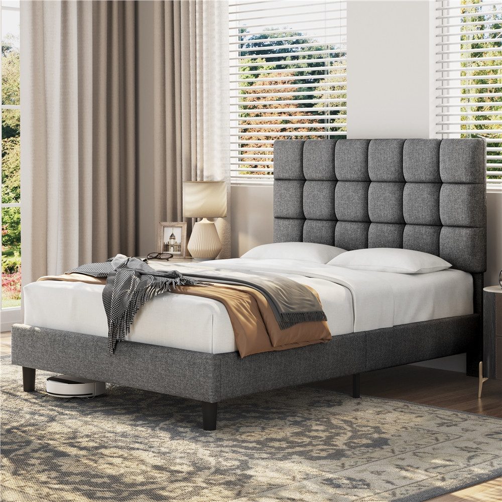Yaheetech Polsterbett mit höhenverstellbarem Kopfteil, Doppelbett Bettgestell mit Lattenrost, 140 x 200 cm