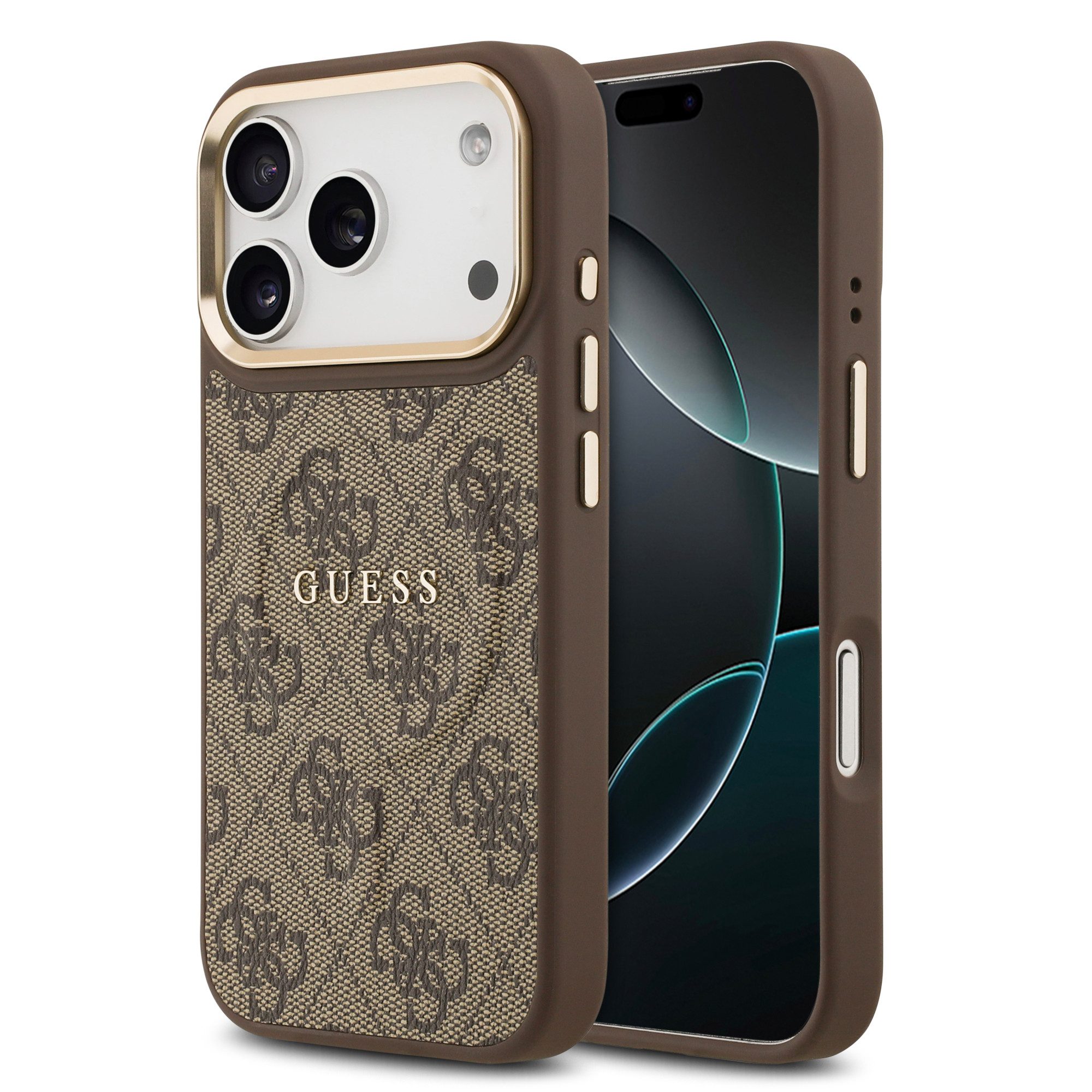 Guess Handyhülle GUESS Case für iPhone 17 Pro Goldrahmen Magsafe Handyhülle Cover Braun