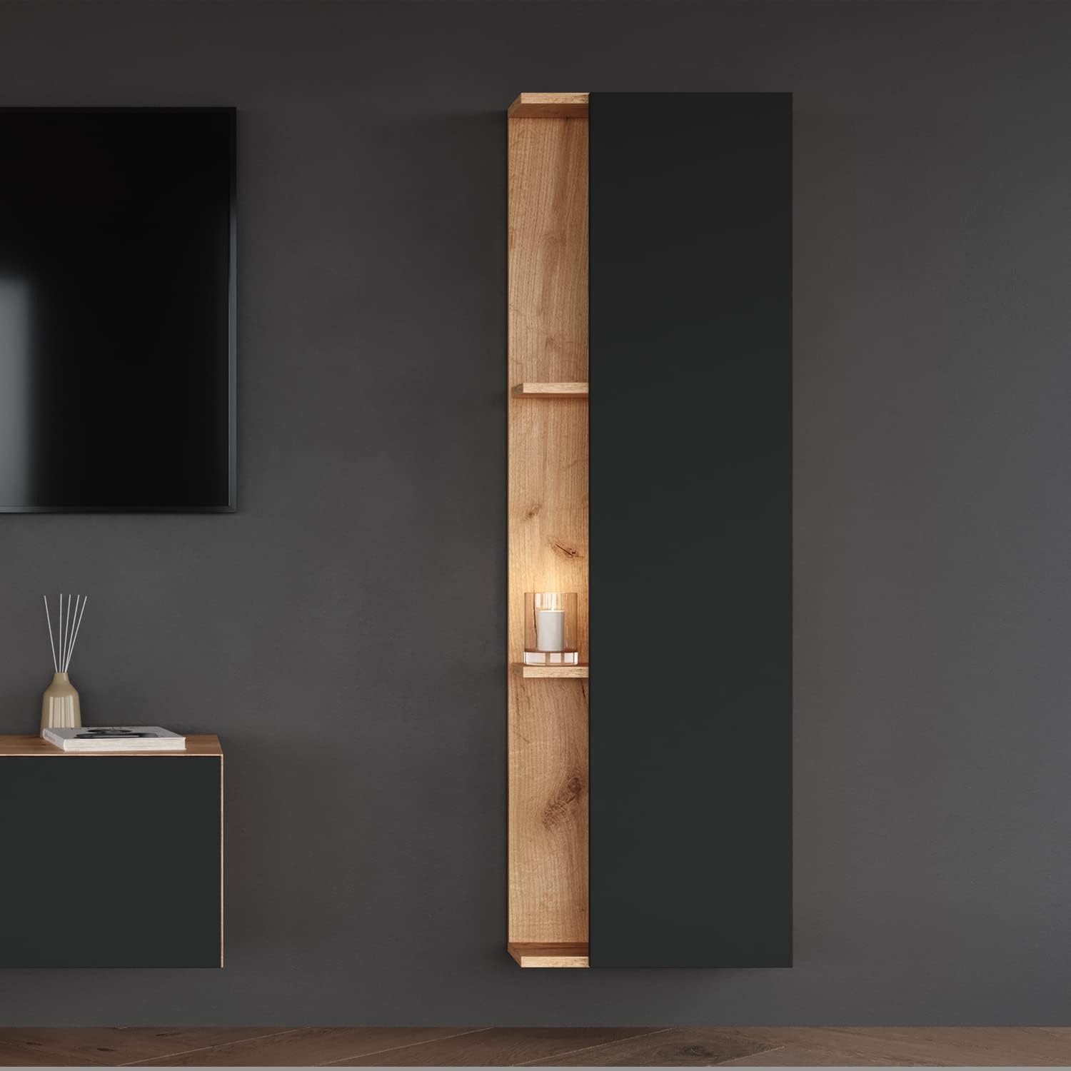 Planetmöbel Hochschrank LUX Seitenschrank 40 cm Gold Eiche / Anthrazit günstig online kaufen